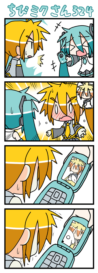 minami (colorful palette), akita neru, chibi miku, hamo (dog), hatsune miku, kagamine len, kagamine rin, vocaloid, long image, tall image, > <, 0 0, 2girls, 4koma, ^^^, aqua hair, blush, cellphone, chibi, closed eyes, comic, dog, multiple girls, phone, silent comic, sweat, trembling, | |
