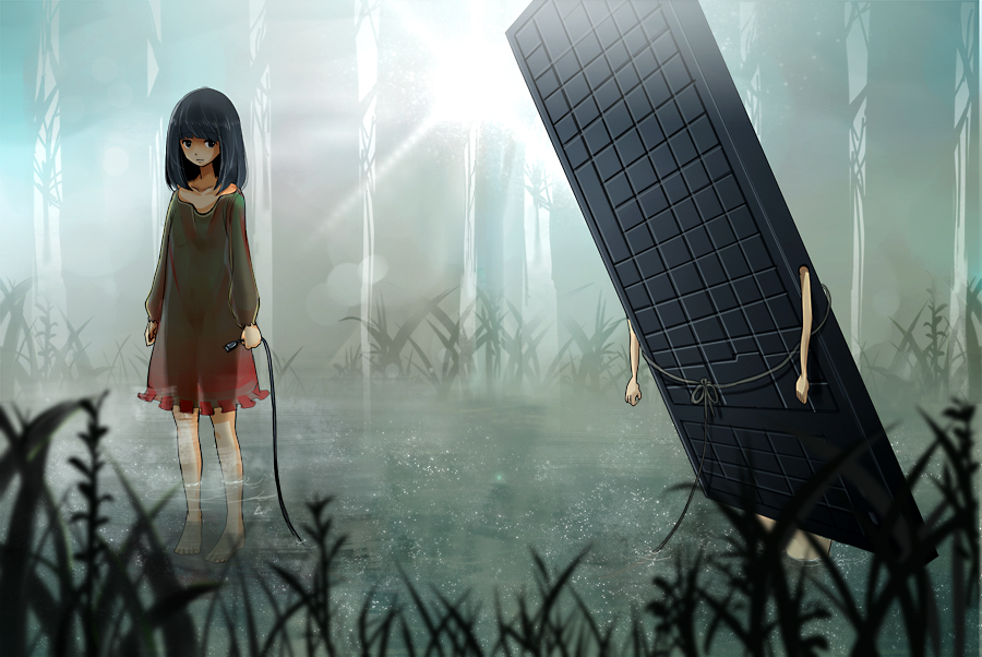 rarako, original, bad id, bad pixiv id, 1girl, barefoot, blunt bangs, cable, computer keyboard, forest, full body, holding, holding cable, nature, outdoors, see-through clothes, standing, water, wetland, what