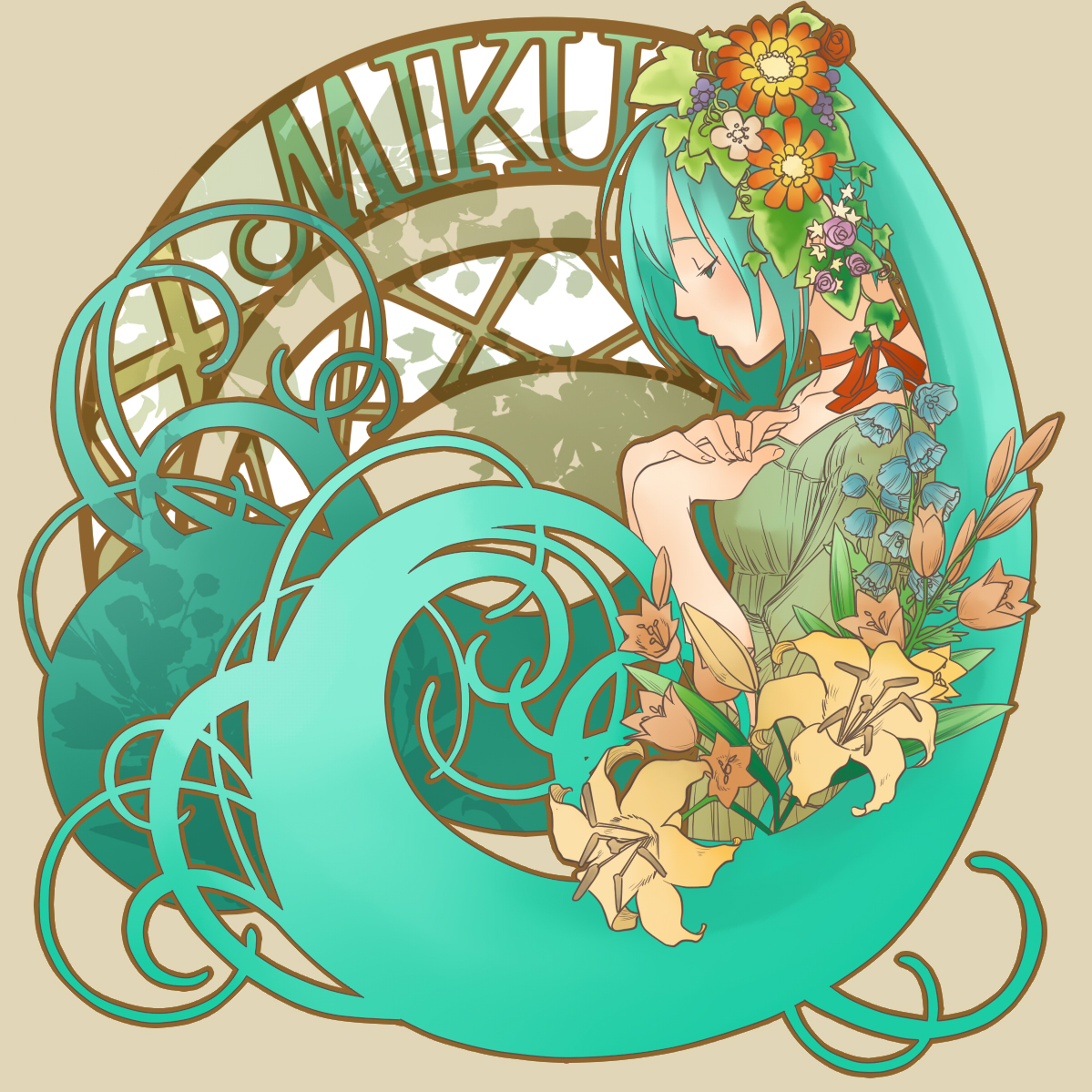 junji, hatsune miku, vocaloid, 1girl, aqua eyes, aqua hair, art nouveau, character name, female focus, flower, long hair, ribbon, solo, twintails, very long hair