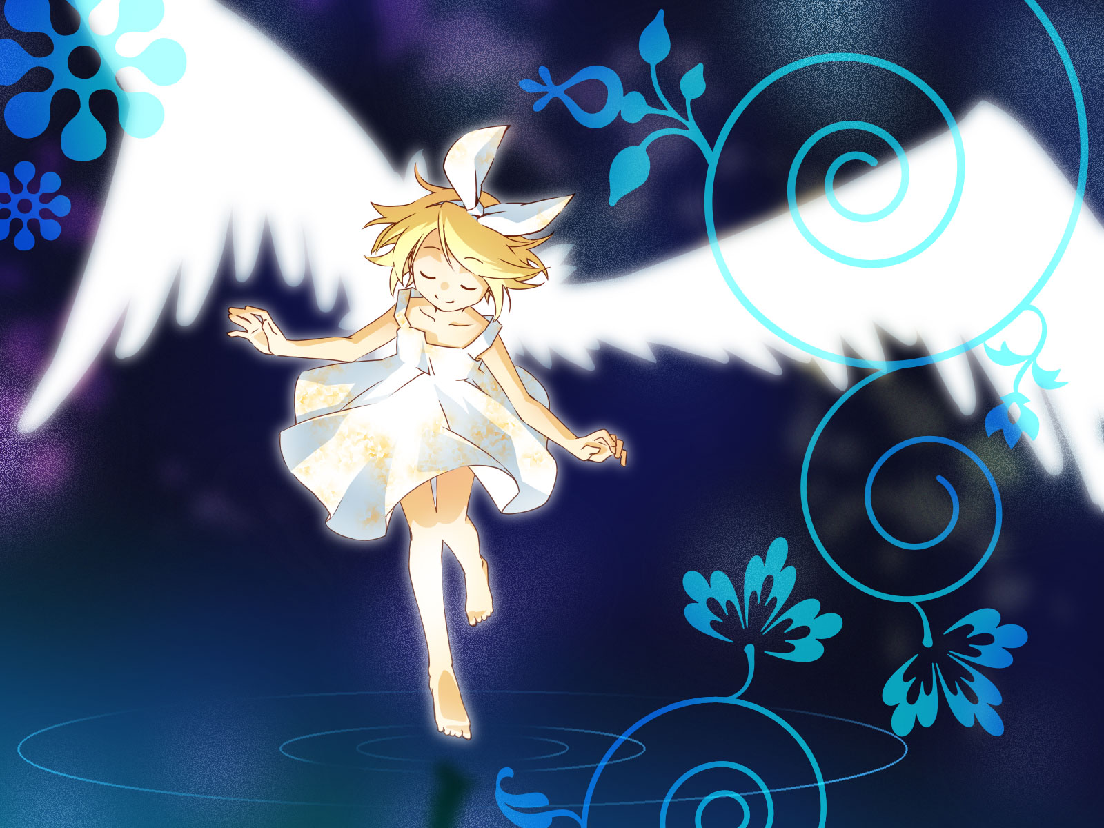 junji, kagamine rin, vocaloid, highres, 1girl, angel wings, barefoot, blonde hair, closed eyes, dress, female focus, hair ribbon, ribbon, ripples, short hair, skirt, solo, white dress, white skirt, wings