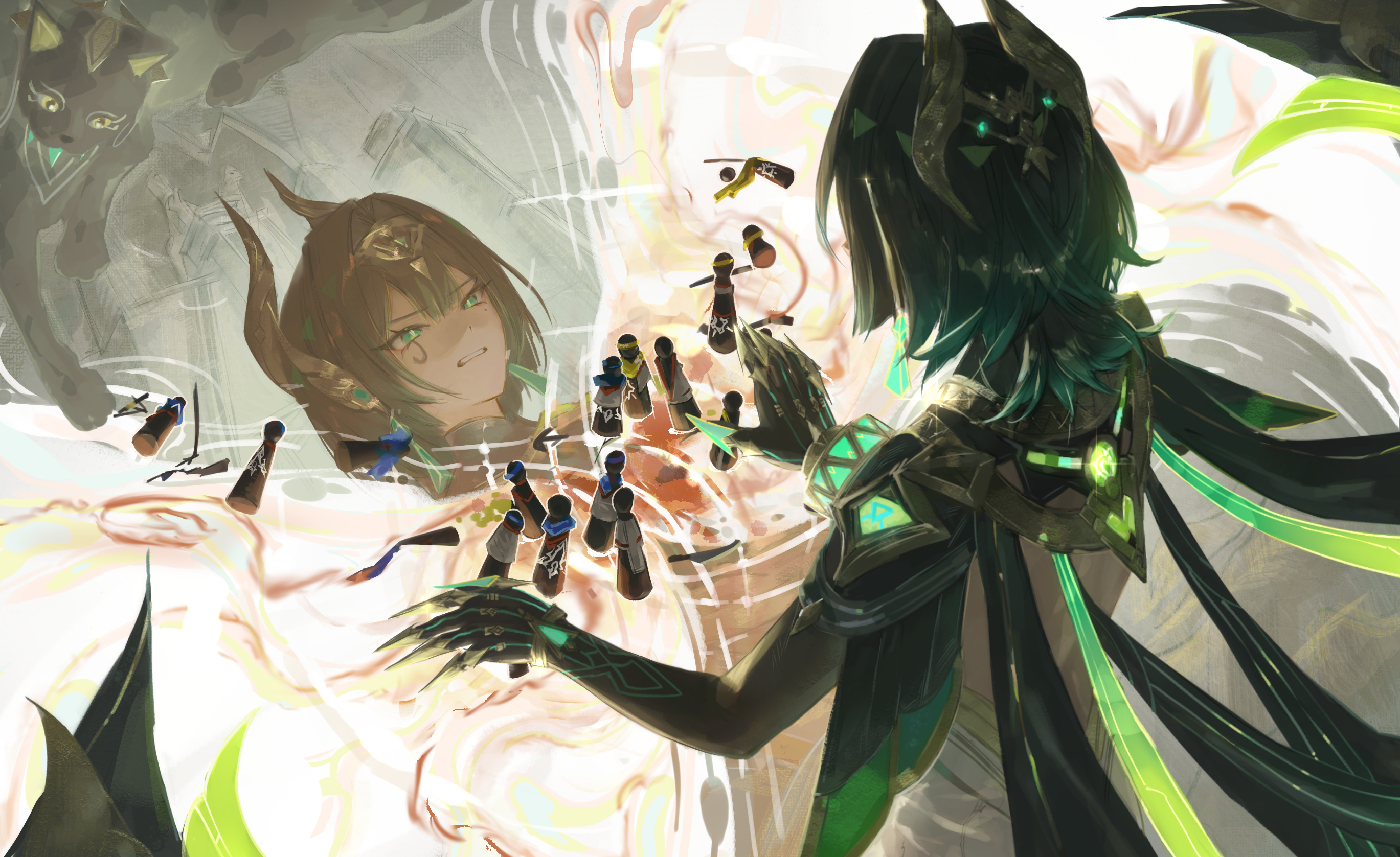 miaooon, ashru (genshin impact), nefer (genshin impact), genshin impact, commentary request, highres, 1girl, ancient egyptian clothes, animal, black cat, cat, claws, elbow gloves, eye tattoo, fake claws, from behind, gem, gloves, green eyes, green gemstone, green hair, green streaks, grin, hair ornament, headpiece, jewelry, looking at reflection, mark under eye, medium hair, mole, mole under eye, reflection, smile, solo, symbol-shaped pupils, tattoo, triangle-shaped pupils, usekh collar, whiskers