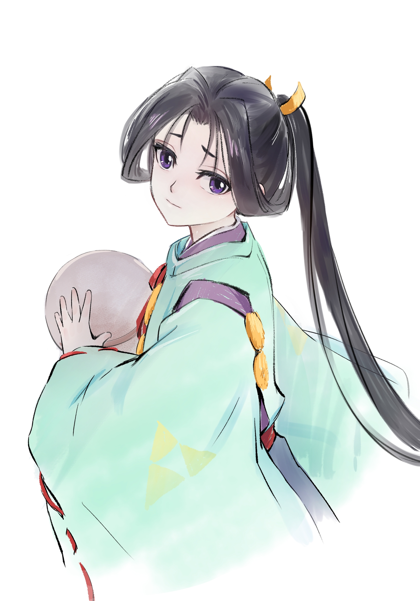 antatica11, houjou tokiyuki (nige jouzu no wakagimi), nige jouzu no wakagimi, chinese commentary, commentary request, highres, 1boy, black hair, from side, holding, japanese clothes, kariginu, looking at viewer, male focus, ponytail, purple eyes, ribbon-trimmed sleeves, ribbon trim, solo, upper body