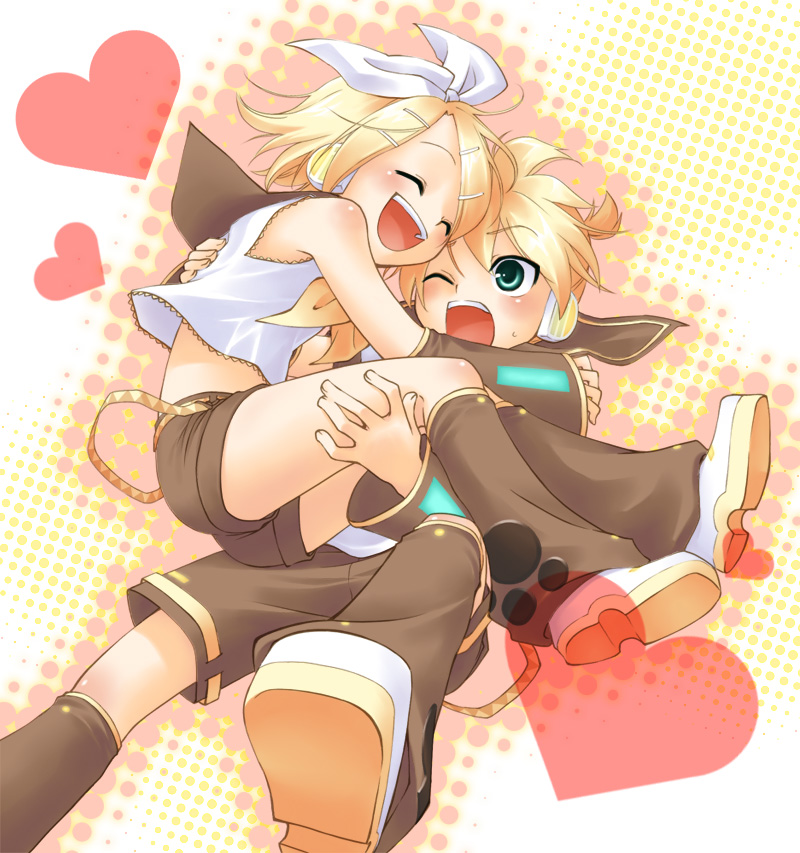 junji, kagamine len, kagamine rin, vocaloid, 1boy, 1girl, blonde hair, blouse, blue eyes, brother and sister, detached sleeves, hair ornament, hair ribbon, hairclip, headphones, heart, hetero, holding, hug, one eye closed, ribbon, shirt, short hair, shorts, siblings, sleeveless, sleeveless shirt, smile, surprised, sweat, twins, wink