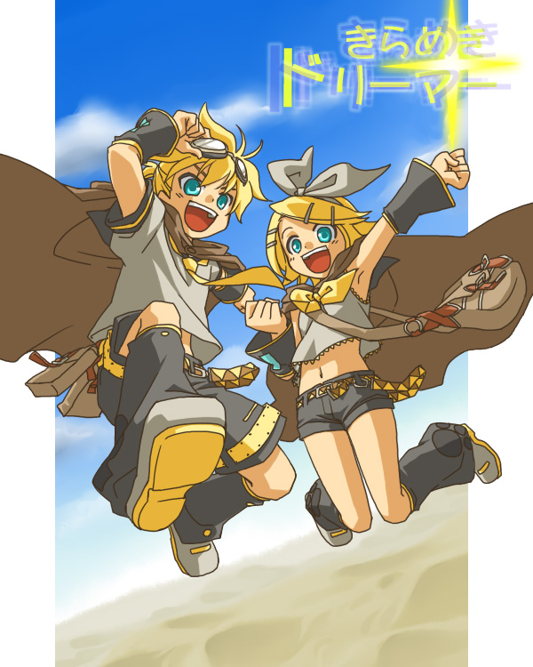 junji, kagamine len, kagamine rin, kirameki dreamer (vocaloid), vocaloid, 1boy, 1girl, bag, blonde hair, blue eyes, brother and sister, cape, goggles, hair ornament, hair ribbon, hairclip, jumping, necktie, ribbon, short hair, shorts, siblings, twins