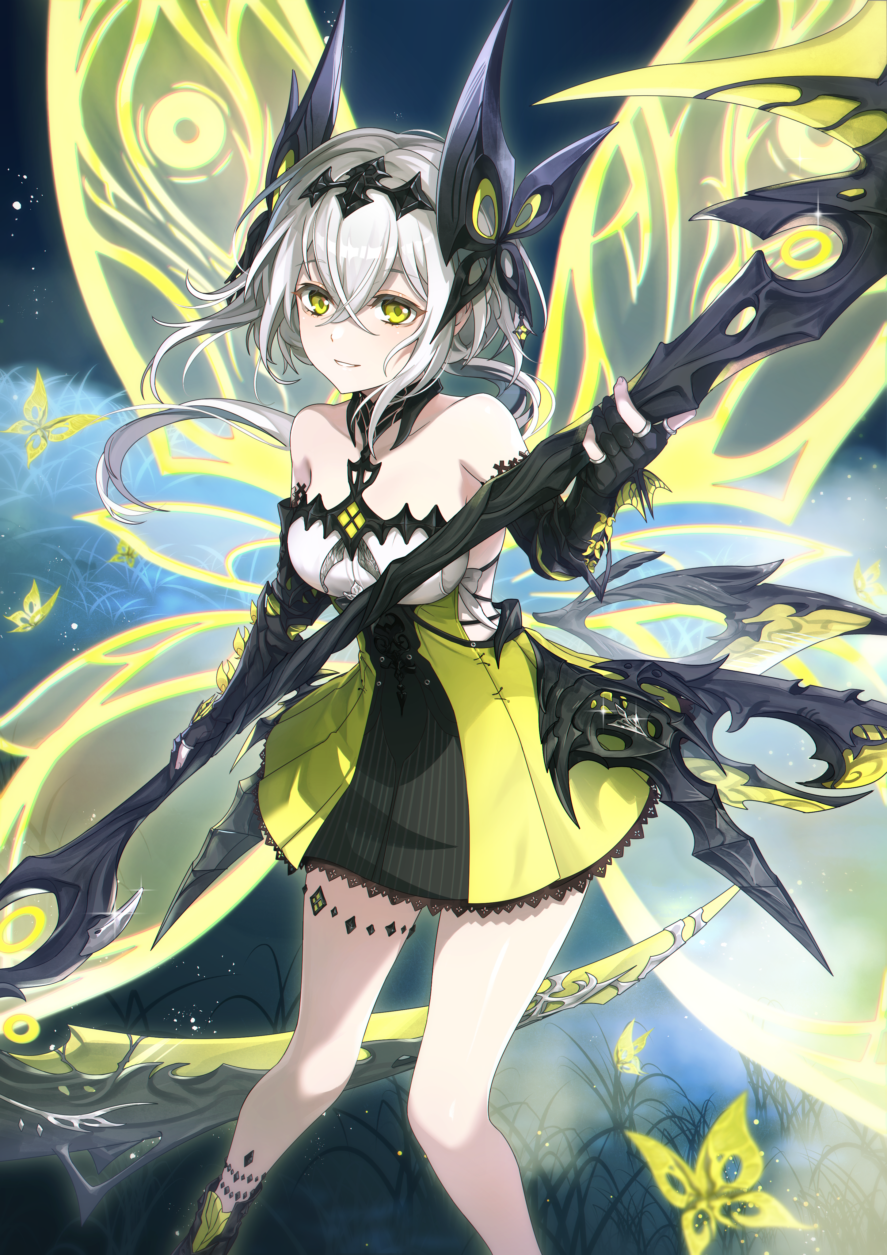 leafwow, psyche (duet night abyss), duet night abyss, absurdres, chinese commentary, commentary request, highres, 1girl, animal, bare shoulders, black boots, black gloves, boots, breasts, bug, butterfly, butterfly wings, collarbone, dress, feet out of frame, gloves, green dress, green eyes, grey hair, hair between eyes, holding, insect, insect wings, long hair, looking at viewer, medium breasts, partially fingerless gloves, smile, solo, standing, very long hair, wings, yellow wings