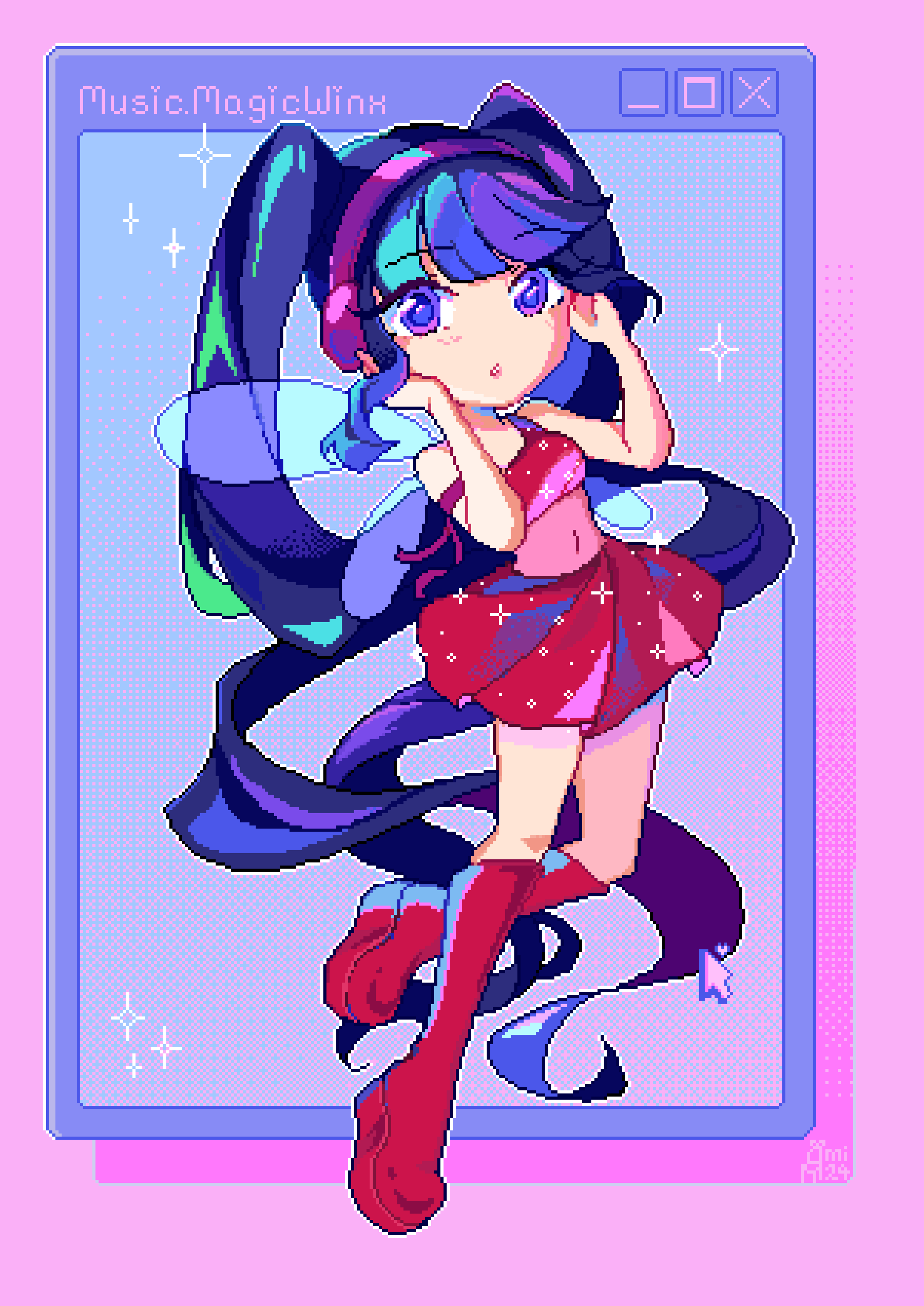 mimichair, musa (winx club), winx club, absurdres, commentary, english commentary, highres, 1girl, absurdly long hair, arm ribbon, bare arms, bare shoulders, blue hair, blue wings, blunt bangs, boots, character name, circle skirt, covered mouth, crop top, curious, cursor, fairy, fairy wings, floating, full body, glitter, hands on headphones, headphones, knee boots, knees, leotard, leotard under clothes, lips, long hair, magical girl, miniskirt, outline, parted lips, pink background, pink leotard, pink lips, pixel art, platform boots, pleated skirt, purple eyes, purple ribbon, red boots, red shirt, red skirt, ribbon, shirt, single strap, skirt, skirt set, sleeveless, sleeveless shirt, solo, sparkle, transparent wings, twintails, very long hair, wavy hair, white outline, window (computing), wings