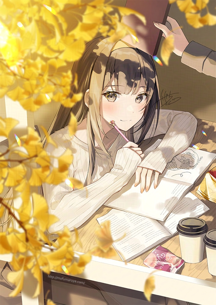 kagachi saku, original, adversarial noise, commentary request, 1girl, 1other, arm rest, autumn leaves, black eyes, black hair, blurry, blurry foreground, blush, book, branch, brown hairband, closed mouth, cup, dappled sunlight, disposable coffee cup, disposable cup, falling leaves, fingernails, hairband, holding, holding book, holding pencil, leaf, long hair, long sleeves, looking at viewer, notebook, pencil, signature, sitting, sleeves past wrists, smile, solo focus, sunlight, sweater, watermark, web address, white sweater