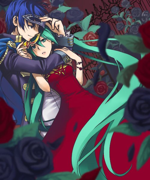 junji, hatsune miku, kaito (vocaloid), cantarella, cantarella (vocaloid), vocaloid, aqua eyes, aqua hair, blue eyes, blue hair, dress, flower, hug, hug from behind, long hair, mask, rose, very long hair