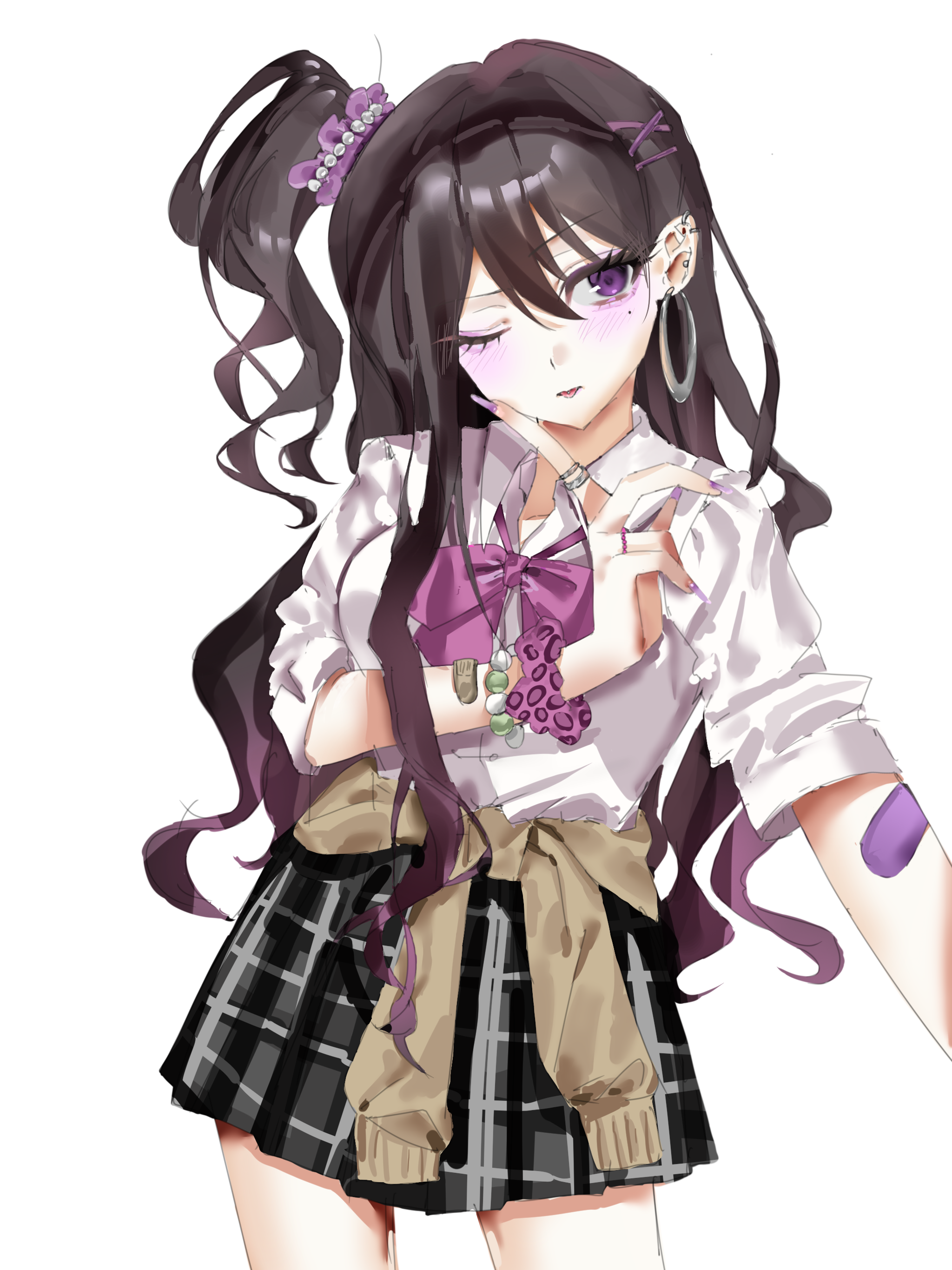 shiina taki, bang dream!, bang dream! it's mygo!!!!!, absurdres, highres, 1girl, ;p, alternate costume, alternate hairstyle, animal print, anohinokis, bandaid, bandaid on arm, bead bracelet, beads, black hair, black skirt, bow, bowtie, bracelet, breasts, brown cardigan, cardigan, cardigan around waist, clothes around waist, contrapposto, cowboy shot, double-parted bangs, ear piercing, earrings, eyeshadow, finger to own chin, fingernails, gyaru, hair behind ear, hair between eyes, hair ornament, hair scrunchie, hairclip, hoop earrings, jewelry, kogal, leopard print, long fingernails, long hair, looking at viewer, loose bowtie, makeup, medium breasts, miniskirt, mole, mole under eye, multiple piercings, multiple rings, nail polish, one eye closed, one side up, pearl hair ornament, piercing, plaid clothes, plaid skirt, print scrunchie, purple bow, purple bowtie, purple eyes, purple eyeshadow, purple nails, purple scrunchie, ring, rouge (makeup), school uniform, scrunchie, shirt, simple background, single earring, single sidelock, skirt, sleeves pushed up, solo, standing, three-quarter sleeves, tongue, tongue out, very long hair, wavy hair, white background, white shirt, x hair ornament