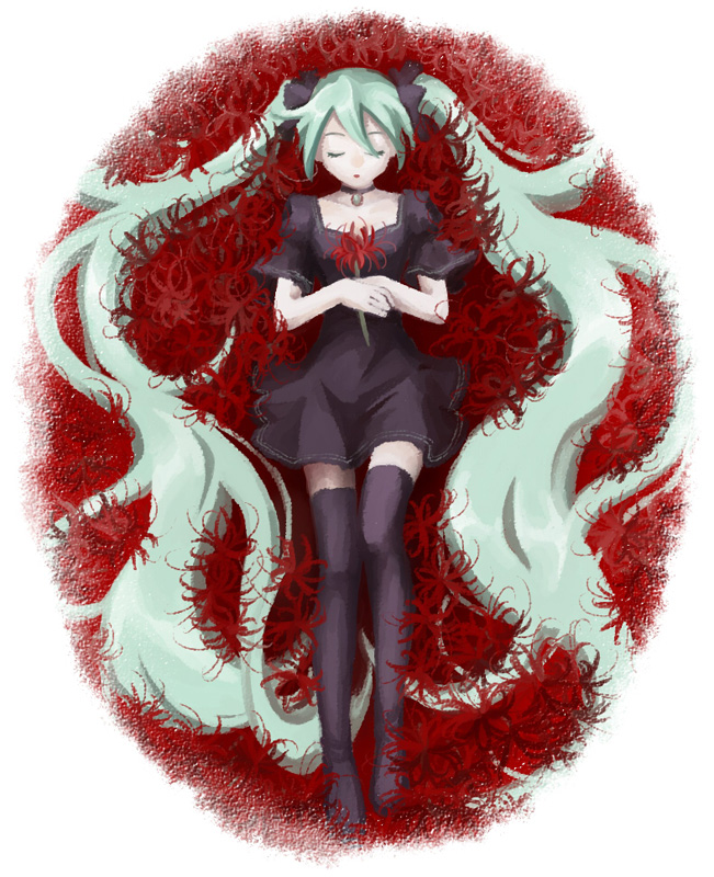 junji, hatsune miku, vocaloid, aqua hair, closed eyes, flower, hair ribbon, legs, long hair, lying, on back, red flower, ribbon, sleeping, solo, spider lily, thighhighs, twintails, very long hair, zettai ryouiki