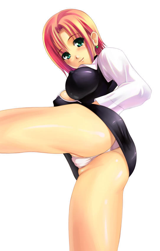 rio, super blackjack, blush, covered erect nipples, earrings, green eyes, jewelry, looking at viewer, panties, pink hair, short hair, smile, thighhighs, underwear, white panties