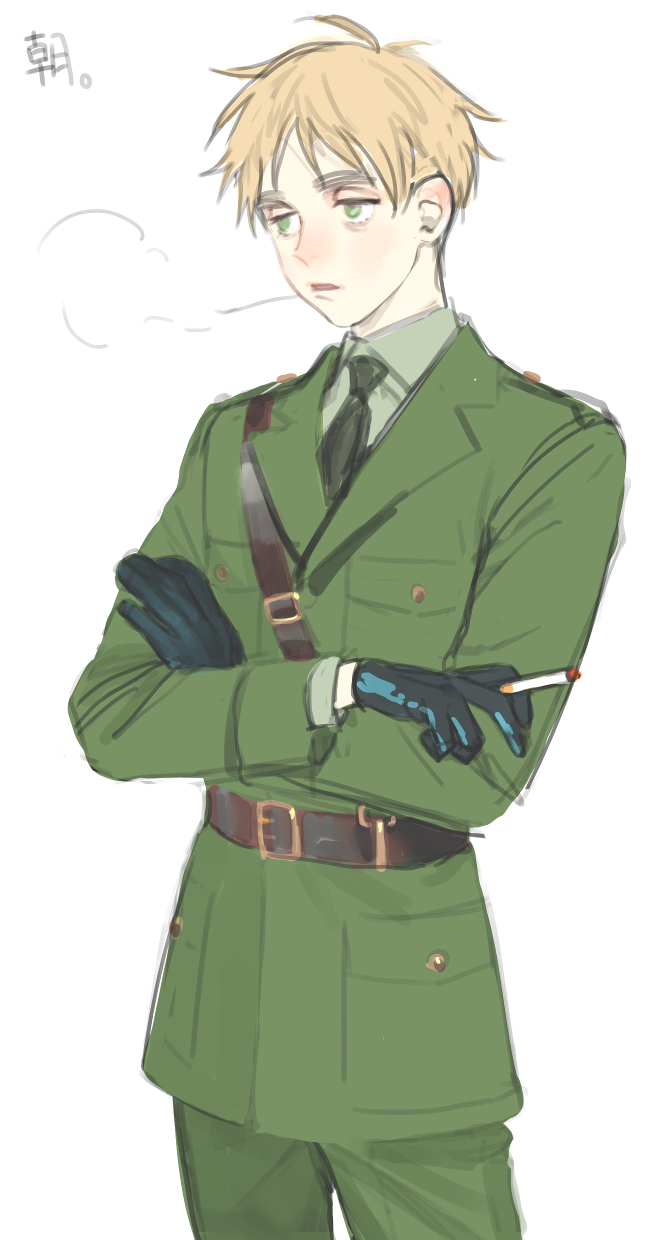 huacai, united kingdom (hetalia), axis powers hetalia, absurdres, highres, 1boy, belt, between fingers, black gloves, blonde hair, breast pocket, brown belt, cigarette, collared shirt, cowboy shot, crossed arms, empty eyes, gloves, green eyes, green jacket, green necktie, green pants, green shirt, half-closed eyes, holding, holding cigarette, jacket, lapels, leather, leather gloves, long sleeves, looking afar, male focus, military, military jacket, military uniform, necktie, open mouth, pants, pocket, shirt, short hair, simple background, smoke, smoking, solo, standing, white background