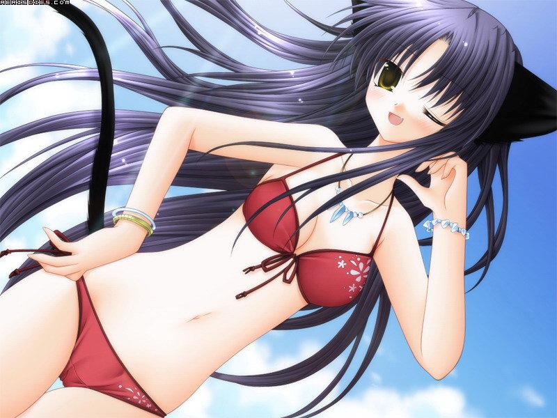 animal ears, blush, bra, breasts, cat ears, cat tail, cleavage, hand on own hip, lingerie, long hair, navel, purple hair, tail, thighhighs, underwear, yellow eyes