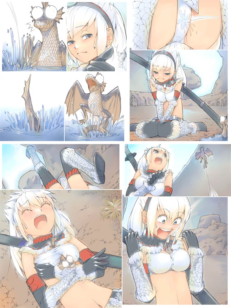 akinbo (hyouka fuyou), plesioth, capcom, monster hunter (series), 1girl, between breasts, black eyes, breasts, cleavage, comic, horns, kirin (armor), medium breasts, midriff, short hair, water, white hair