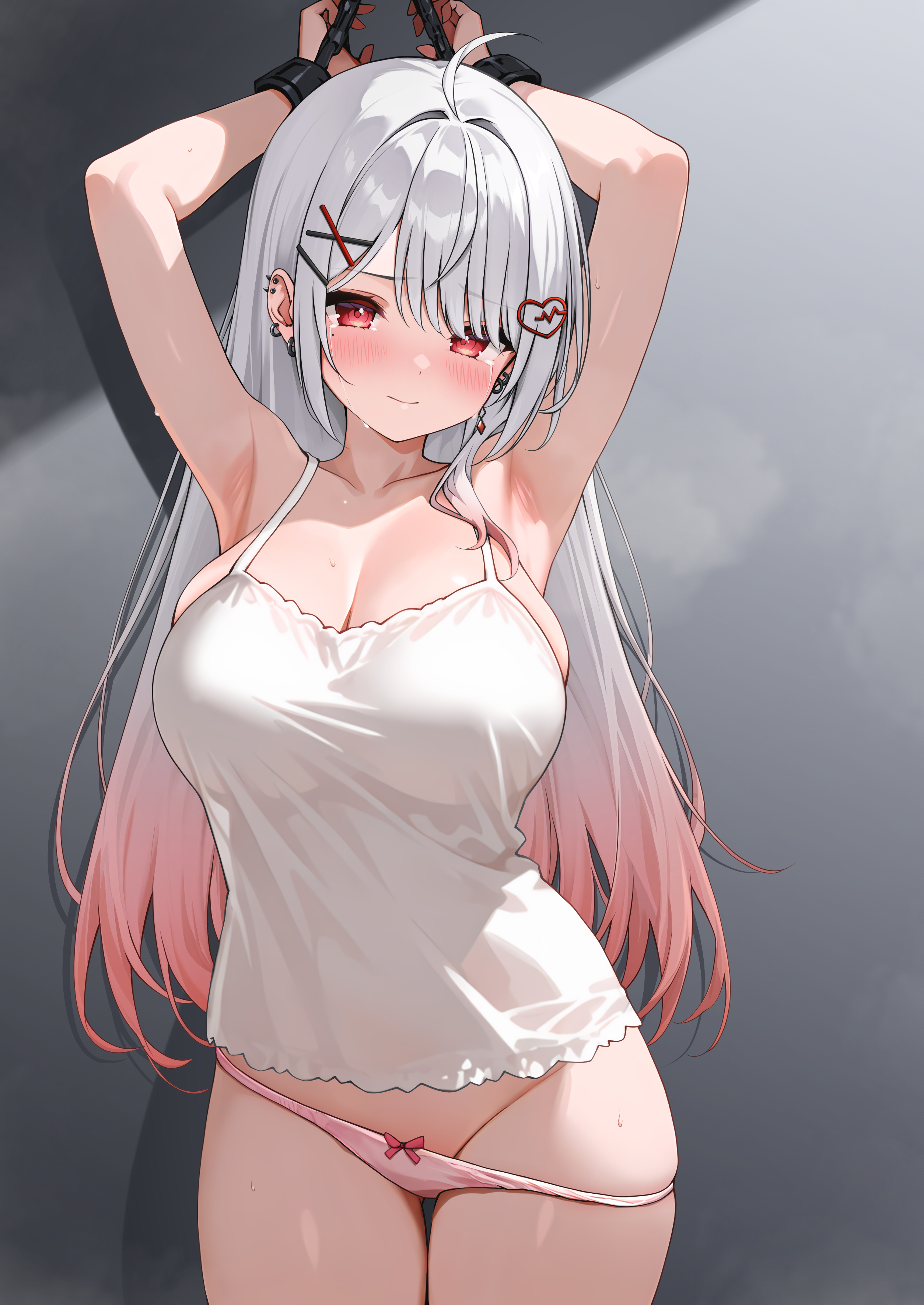 otokucha, hanamiya rica, indie virtual youtuber, absurdres, highres, 1girl, ahoge, armpits, arms up, blush, bound, bound arms, breasts, camisole, cleavage, closed mouth, collarbone, curvy, ear piercing, earrings, grey hair, groin, hair ornament, hairclip, heart, heart hair ornament, jewelry, large breasts, long hair, looking at viewer, mole, mole under eye, multicolored hair, panties, panty lift, piercing, pink hair, pink panties, red eyes, see-through silhouette, solo, spiked ear piercing, sweat, tears, thick thighs, thighs, two-tone hair, underwear, virtual youtuber, white camisole