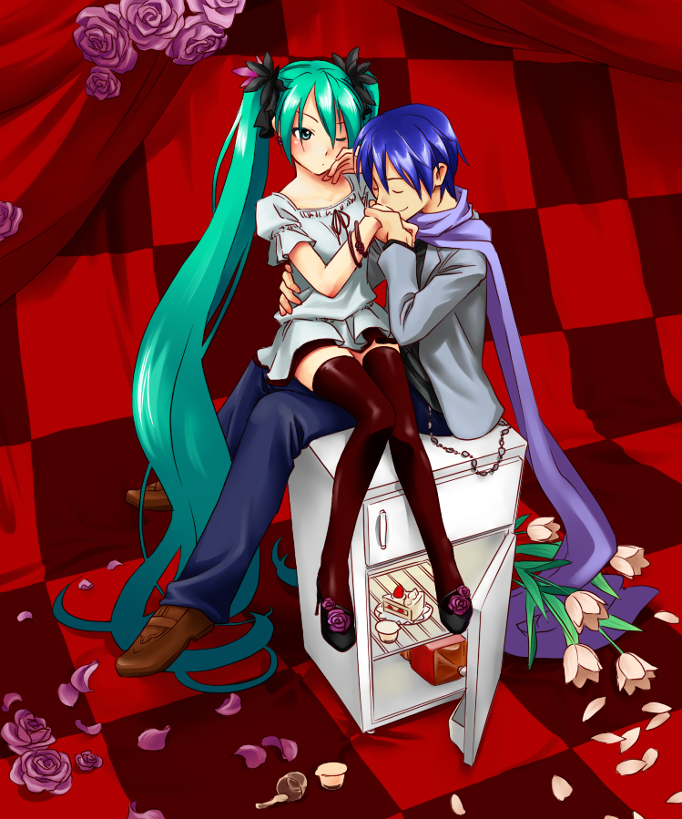 junji, hatsune miku, kaito (vocaloid), vocaloid, world is mine (vocaloid), 1boy, 1girl, aqua eyes, aqua hair, blue hair, blue scarf, blush, cake, flower, food, frown, hair ribbon, hetero, ice cream, kiss, kissing hand, legs, long hair, pastry, petals, refrigerator, ribbon, rose, scarf, shoes, sitting, skirt, thighhighs, twintails, very long hair, zettai ryouiki
