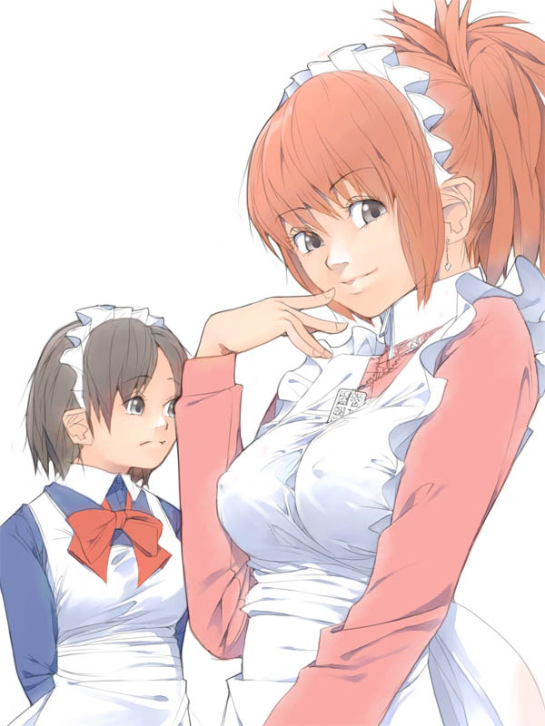 akinbo (hyouka fuyou), kudoi, futaba channel, nijiura maids, 2girls, apron, black eyes, black hair, breasts, cleavage, covered erect nipples, maid, maid apron, multiple girls, orange hair, ponytail, red hair, short hair