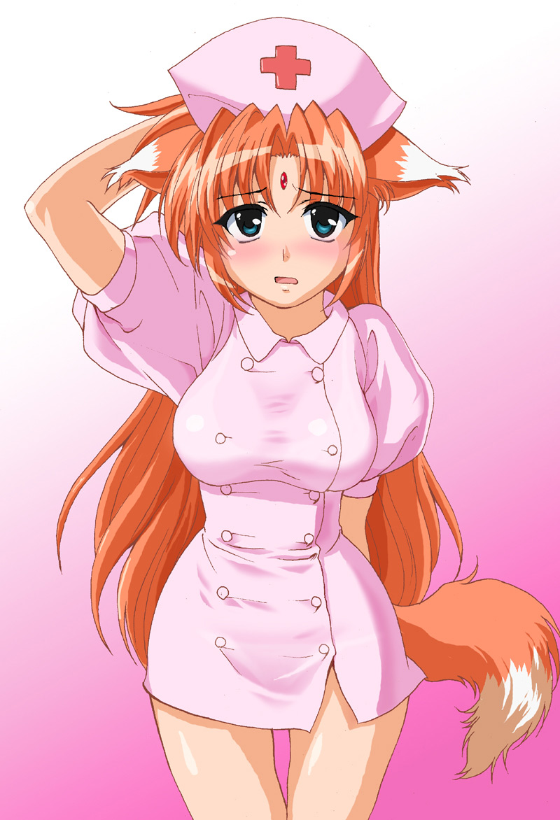 character request, animal ears, blue eyes, blush, fox ears, fox tail, long hair, nurse, orange hair, tail