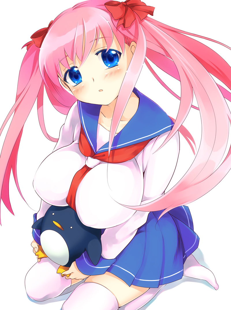 kayou (kayou-bi), etopen, haramura nodoka, saki (manga), 00s, 1girl, bird, blue eyes, blush, bow, breast rest, breasts, carried breast rest, carrying, female focus, hair bow, huge breasts, kneeling, long hair, penguin, pink hair, school uniform, serafuku, simple background, solo, thighhighs, twintails, white thighhighs