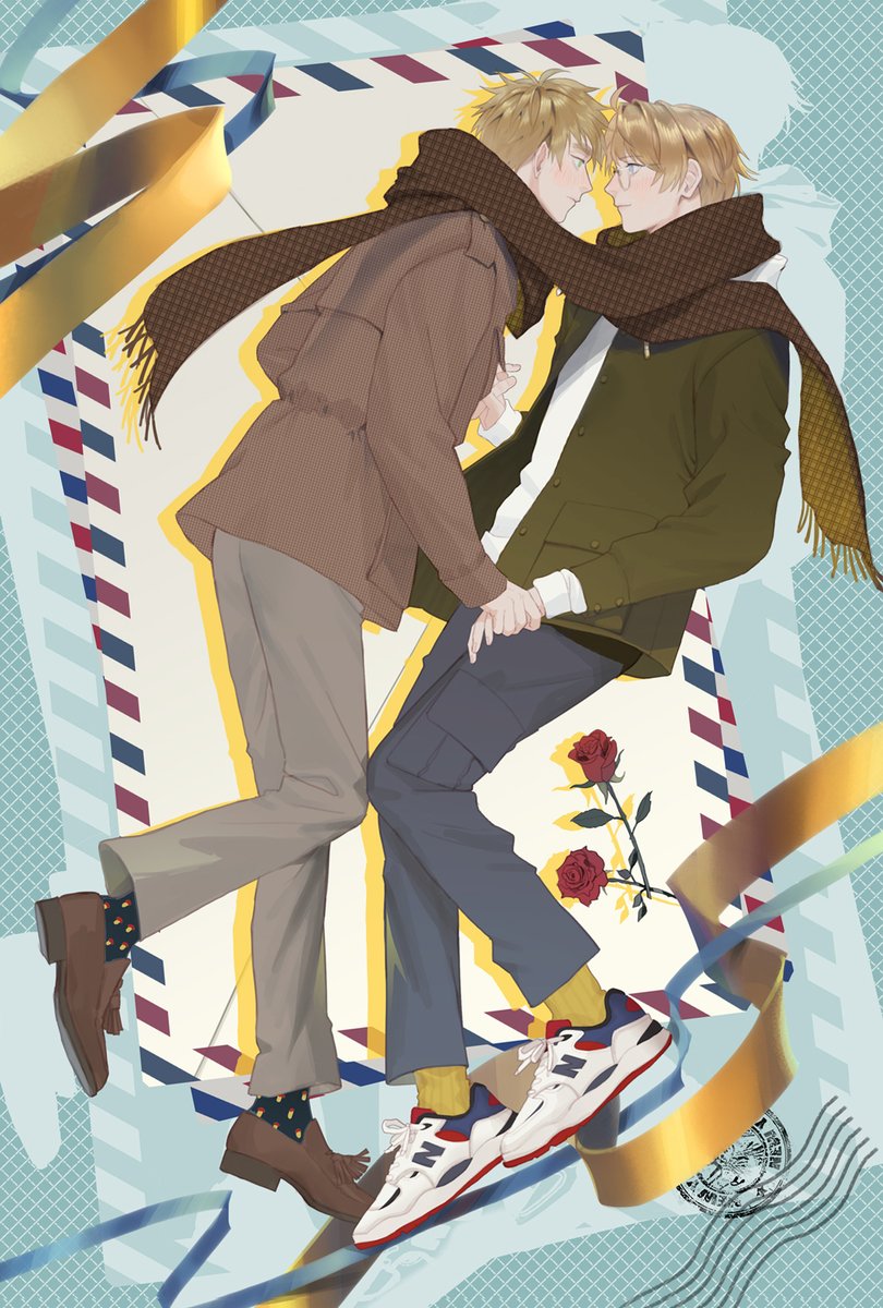 huacai, america (hetalia), united kingdom (hetalia), axis powers hetalia, commentary request, highres, 2boys, ahoge, black pants, black socks, blonde hair, blue background, blue eyes, blush, brown jacket, brown scarf, brown shoes, buttons, checkered background, closed mouth, fingernails, from behind, full body, glasses, green eyes, green jacket, grey-framed eyewear, grey pants, holding hands, hood, hoodie, jacket, lapels, long sleeves, looking at another, male focus, multiple boys, open clothes, open jacket, pants, pocket, scarf, semi-rimless eyewear, shadow, shoes, short hair, smile, socks, stamp mark, standing, tape, white hoodie, white shoes, yaoi, yellow socks