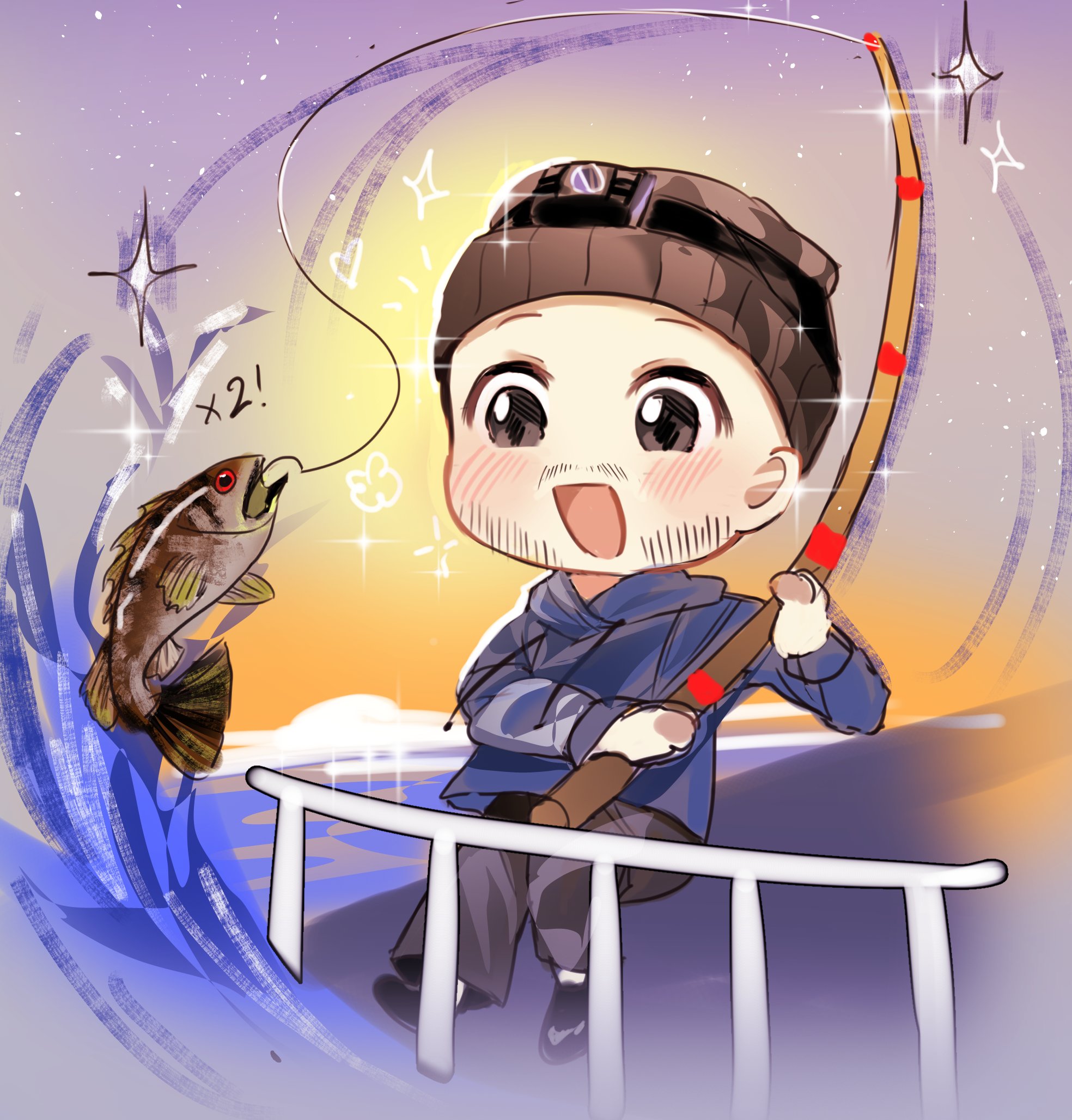 kanako (fuwachu), real life, highres, 1boy, black shoes, blue jacket, brown eyes, brown hat, chibi, facial hair, fish, fishing, fishing rod, full body, grey pants, hat, hood, hood down, hoodie, jacket, jordan paul haro, male focus, open mouth, pants, railing, shoes, smile, solo, sparkle