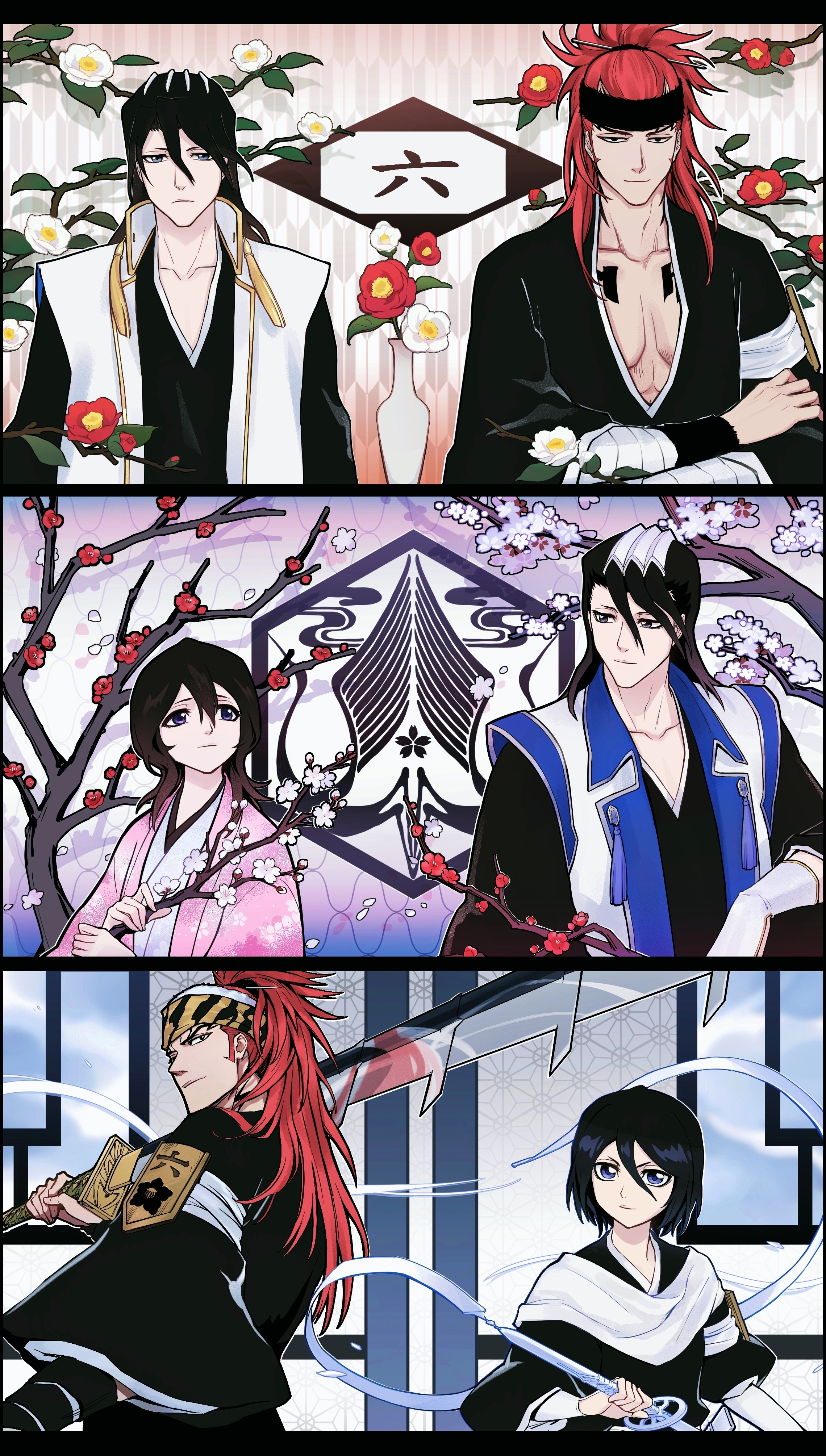 antatica11, abarai renji, kuchiki byakuya, kuchiki hisana, kuchiki rukia, bleach, bleach: sennen kessen-hen, absurdres, chinese commentary, commentary request, highres, 2boys, 2girls, black eyes, black hair, black headband, blue eyes, branch, flower, frown, hair between eyes, hair ornament, hair stick, headband, holding, holding branch, holding sword, holding weapon, husband and wife, japanese clothes, kimono, medium hair, multiple boys, multiple girls, pectoral cleavage, pectorals, ponytail, red hair, scarf, short hair, smile, sword, tree, vase, weapon, white kimono, white scarf