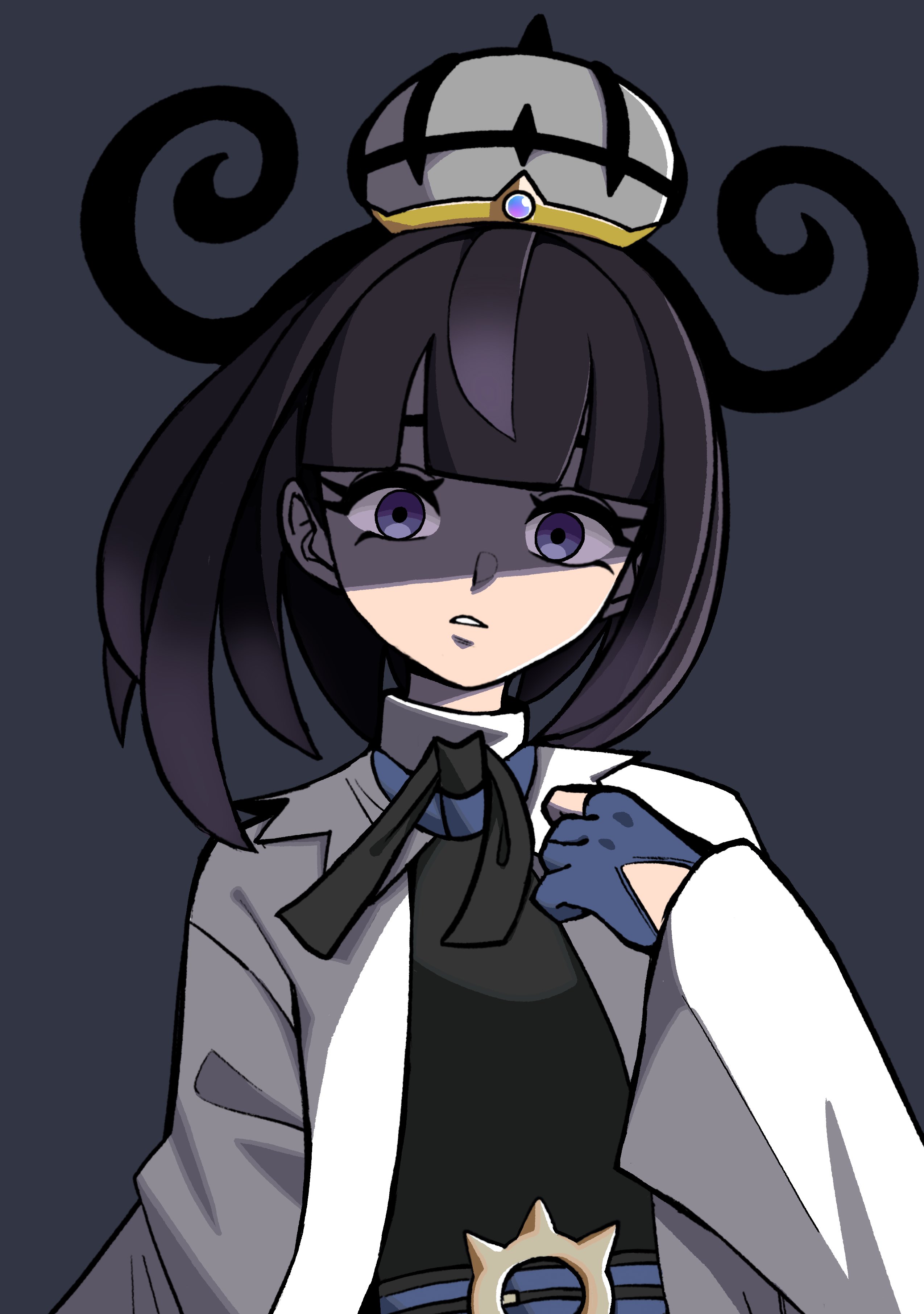 n k m, gwynn (pokemon), nintendo, pokemon, pokemon legends: z-a, absurdres, highres, 1girl, black dress, black hair, blue gloves, blunt bangs, bob cut, coat, dress, gloves, gradient hair, hat, long sleeves, looking at viewer, mega stone, multicolored hair, open clothes, open coat, open mouth, partially fingerless gloves, purple eyes, purple hair, short hair, solo, upper body, white coat