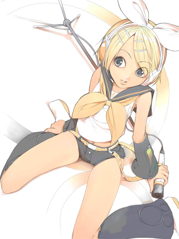 akinbo (hyouka fuyou), kagamine rin, vocaloid, 1girl, black eyes, blonde hair, blue eyes, detached sleeves, female focus, hair ornament, hair ribbon, hairclip, headphones, headset, microphone, midriff, navel, necktie, ribbon, short hair, short shorts, shorts, sitting, solo, spread legs, thighs