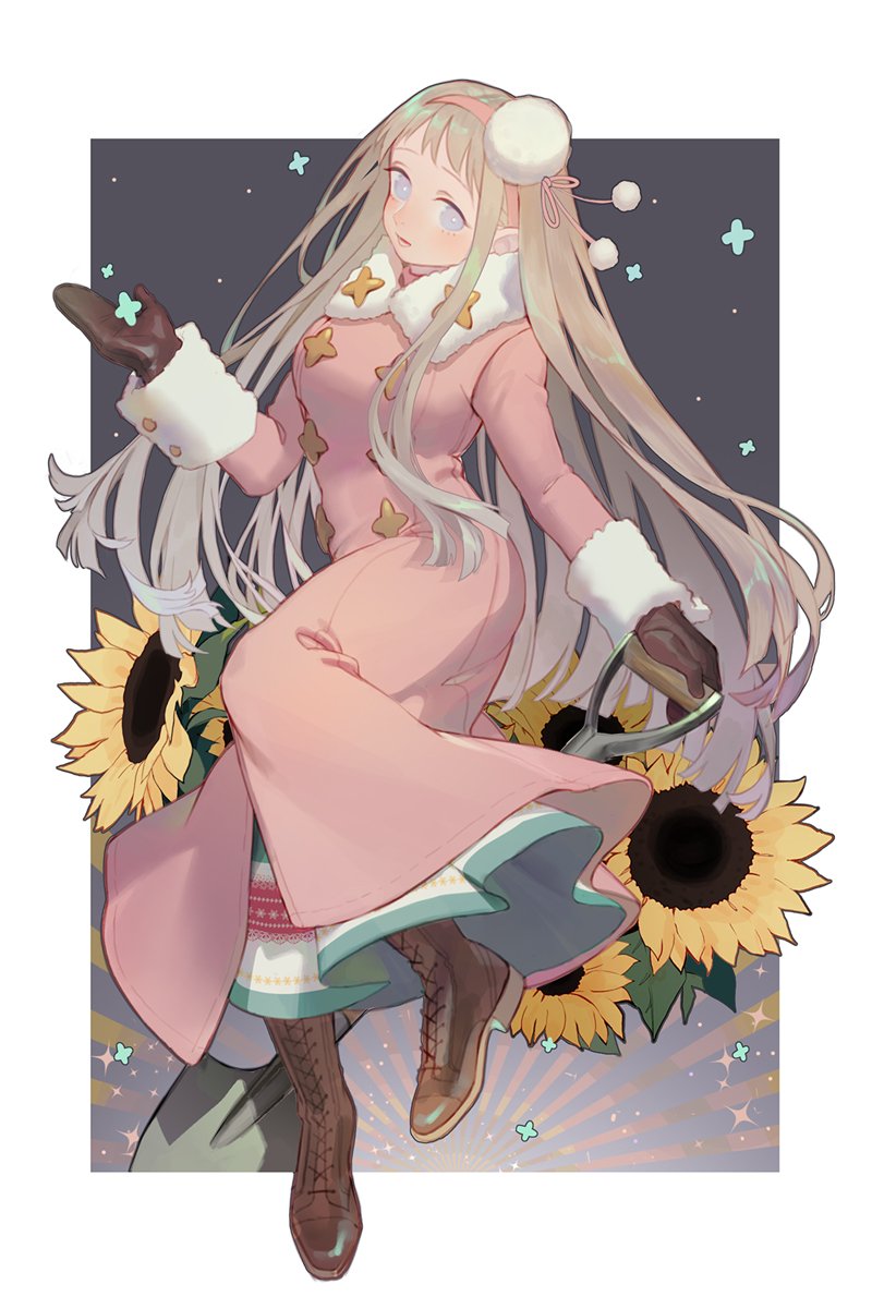 huacai, russia (hetalia), axis powers hetalia, highres, 1girl, blonde hair, blush, boots, border, breasts, brown boots, brown gloves, buttons, dress, floral background, flower, full body, fur-trimmed dress, fur-trimmed sleeves, fur hat, fur trim, genderswap, genderswap (mtf), gloves, grey background, hairband, hand up, hat, holding, holding shovel, leather, leather gloves, long hair, long sleeves, looking at viewer, medium breasts, mini hat, open mouth, outside border, pink dress, pink hairband, pink ribbon, pom pom (clothes), purple eyes, ribbon, russia (female) (hetalia), shovel, sidelocks, smile, solo, sparkle background, striped background, sunflower, teeth, white border, white hat, yellow flower