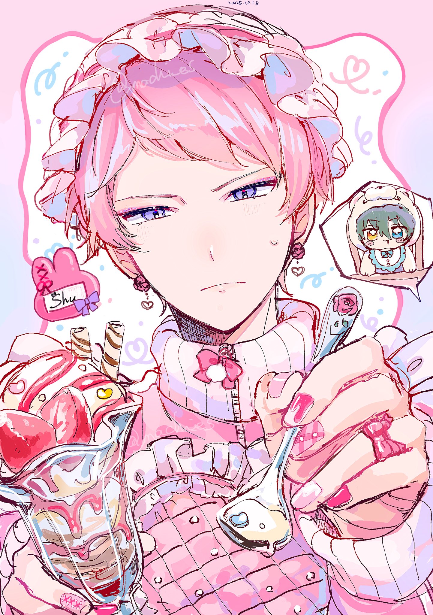 machi es, itsuki shu, kagehira mika, ensemble stars!, commentary request, highres, 2boys, animal costume, bear costume, bib, blue eyes, character name, closed mouth, cup, earrings, fingernails, food, food in mouth, fruit, glass, green hair, hands up, heart, holding, holding cup, holding spoon, ice cream, incoming food, jewelry, long sleeves, looking at viewer, male focus, multiple boys, nail polish, nervous sweating, pink hair, pink nails, purple eyes, short bangs, short hair, spoon, strawberry, sweat, twitter username, upper body, valkyrie (ensemble stars!), yellow eyes, zipper, zipper pull tab