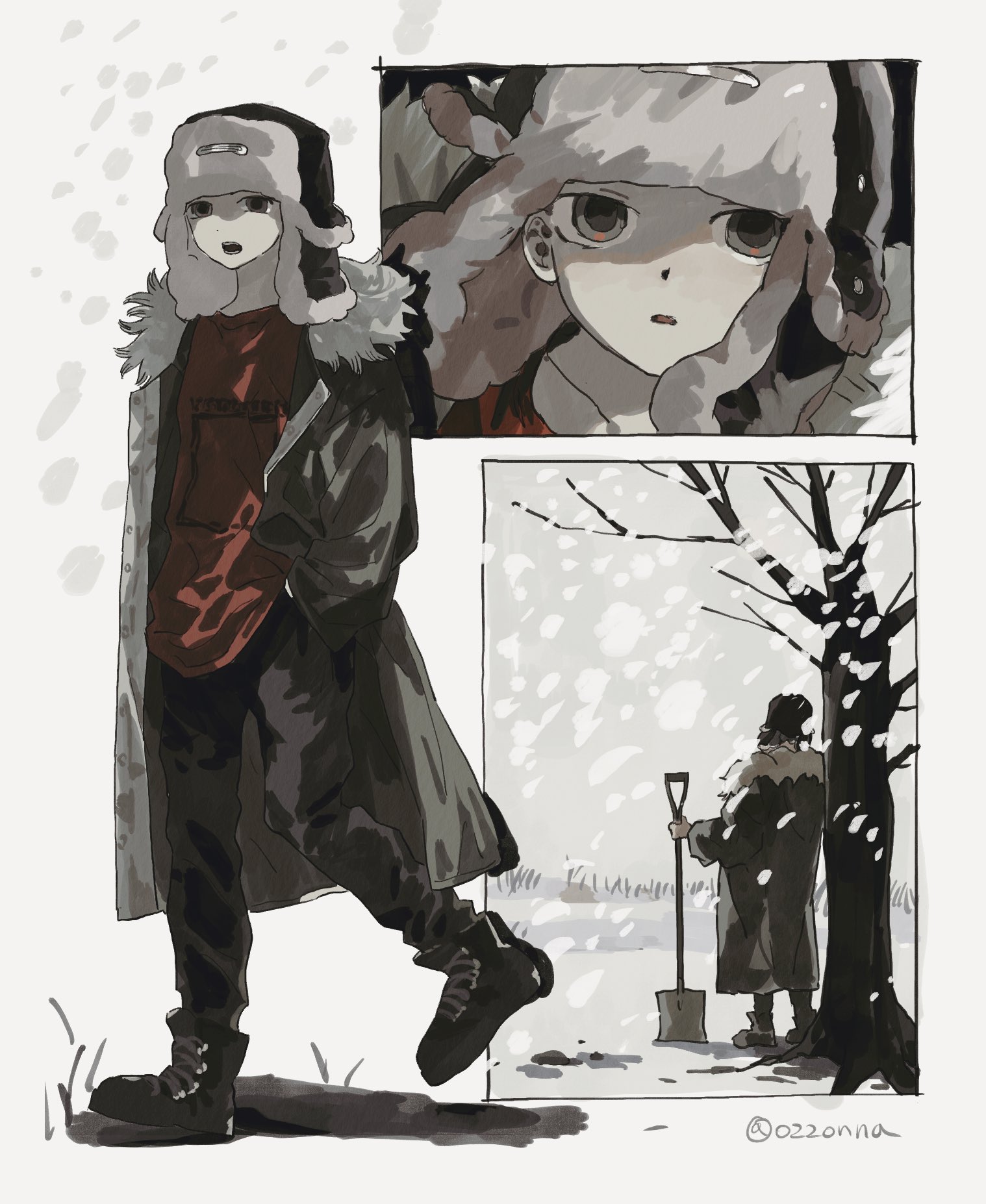 hamdungbbung, original, highres, 1boy, bare tree, black pants, boots, coat, full body, fur-trimmed coat, fur-trimmed headwear, fur hat, fur trim, hat, holding, long sleeves, multiple views, open clothes, open mouth, pants, red shirt, shirt, shovel, snow, snowing, tree, ushanka, walking