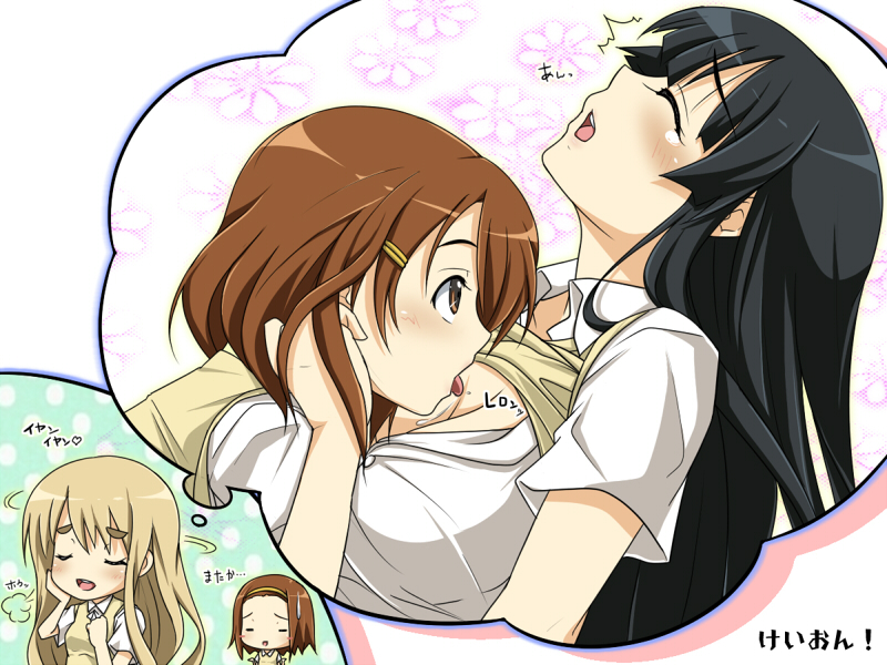 yukinon, yukinon (tsuki koubou), akiyama mio, hirasawa yui, kotobuki tsumugi, tainaka ritsu, k-on!, 00s, 4girls, black hair, blonde hair, blunt bangs, blush, breasts, brown hair, cleavage, closed eyes, female pervert, hairband, hime cut, ho-kago tea time, imagining, large breasts, licking, long hair, multiple girls, open mouth, pervert, saliva, school uniform, sweater vest, tongue, tucking hair, yuri