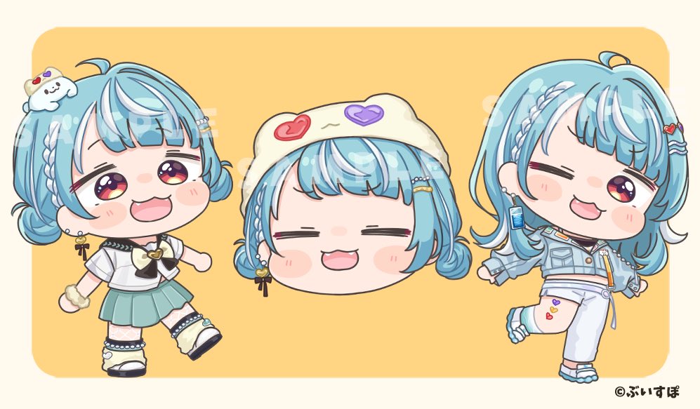 mochimiko, commentary request, copyright request, official art, 1girl, ;d, asymmetrical clothes, beanie, black sailor collar, blue hair, blue skirt, blush stickers, border, braid, brown background, brown border, chibi, closed eyes, double bun, fangs, grey jacket, hair bun, hat, jacket, long sleeves, multicolored hair, multiple views, one eye closed, open mouth, pants, pleated skirt, puffy long sleeves, puffy sleeves, red eyes, sailor collar, shirt, shoes, single pantsleg, skirt, smile, standing, standing on one leg, streaked hair, white hair, white hat, white pants, white shirt, white shoes