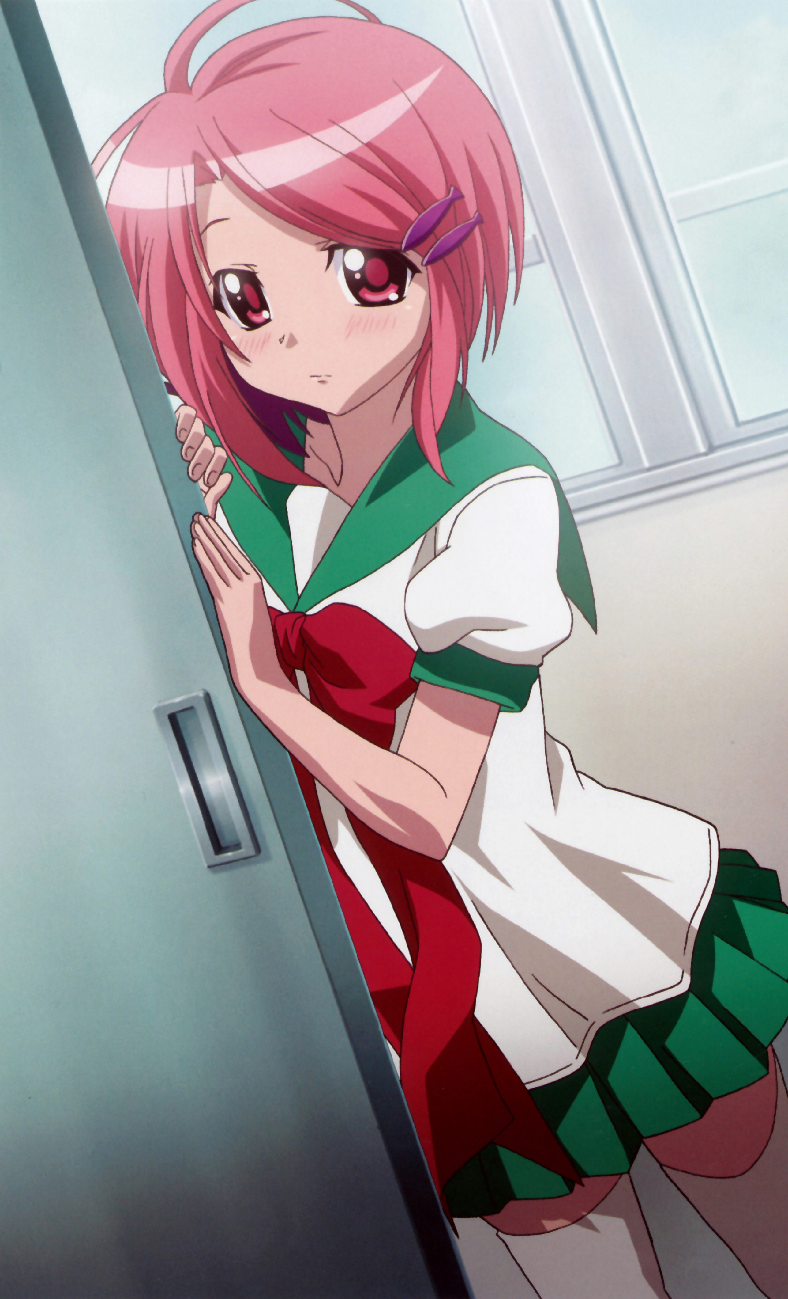 tsubame tsubasa, asu no yoichi, absurdres, highres, non-web source, 00s, 1girl, bow, female focus, pink eyes, pink hair, school uniform, serafuku, solo, thighhighs