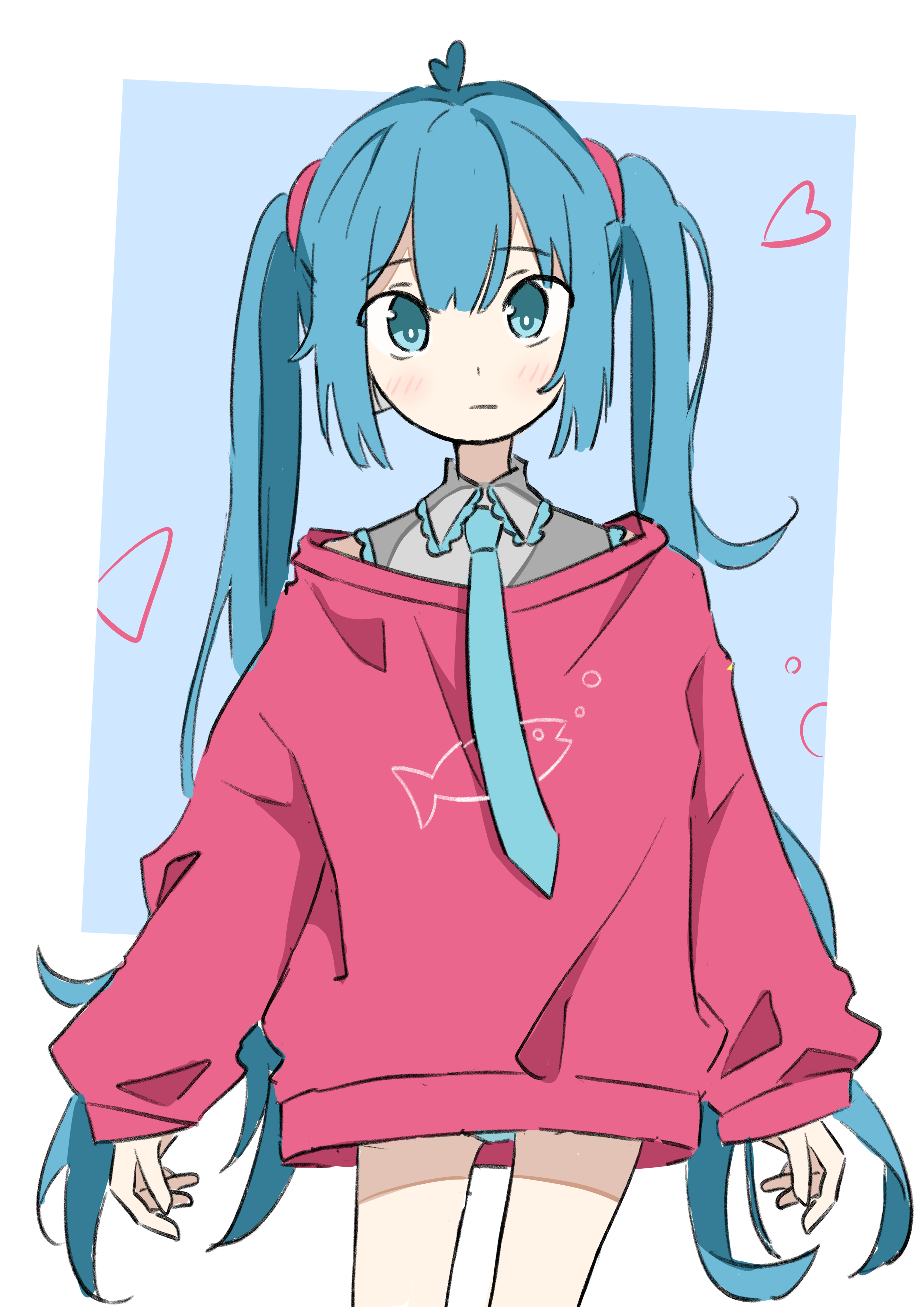 auhuheben17, hatsune miku, original, absurdres, highres, 1girl, aqua background, aqua eyes, aqua hair, aqua necktie, border, cowboy shot, grey shirt, hair ornament, heart, long hair, looking at viewer, necktie, oversized clothes, shirt, sleeveless, sleeveless shirt, standing, sweater, twintails, white border