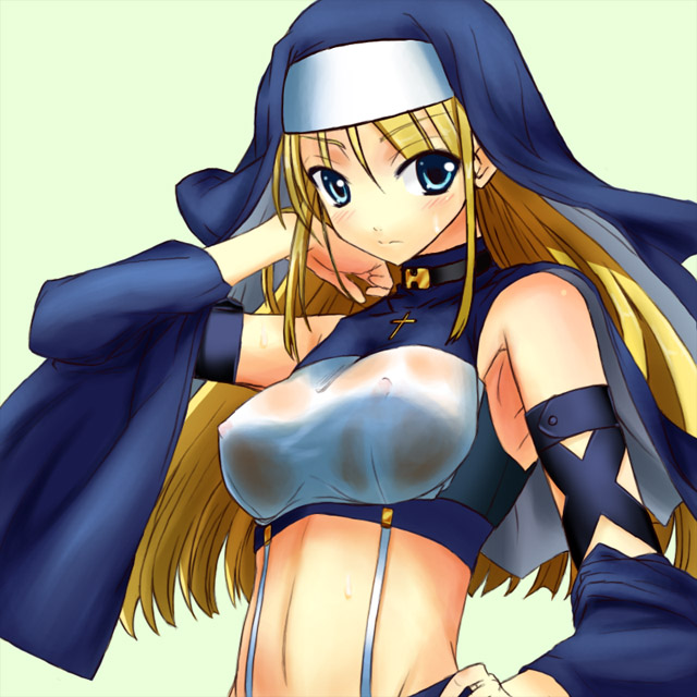 2sox[black], goenitz, snk, the king of fighters, habit, 1girl, blonde hair, blue eyes, breasts, covered erect nipples, female focus, long hair, midriff, nipples, nun, see-through clothes, solo, wet, wet clothes