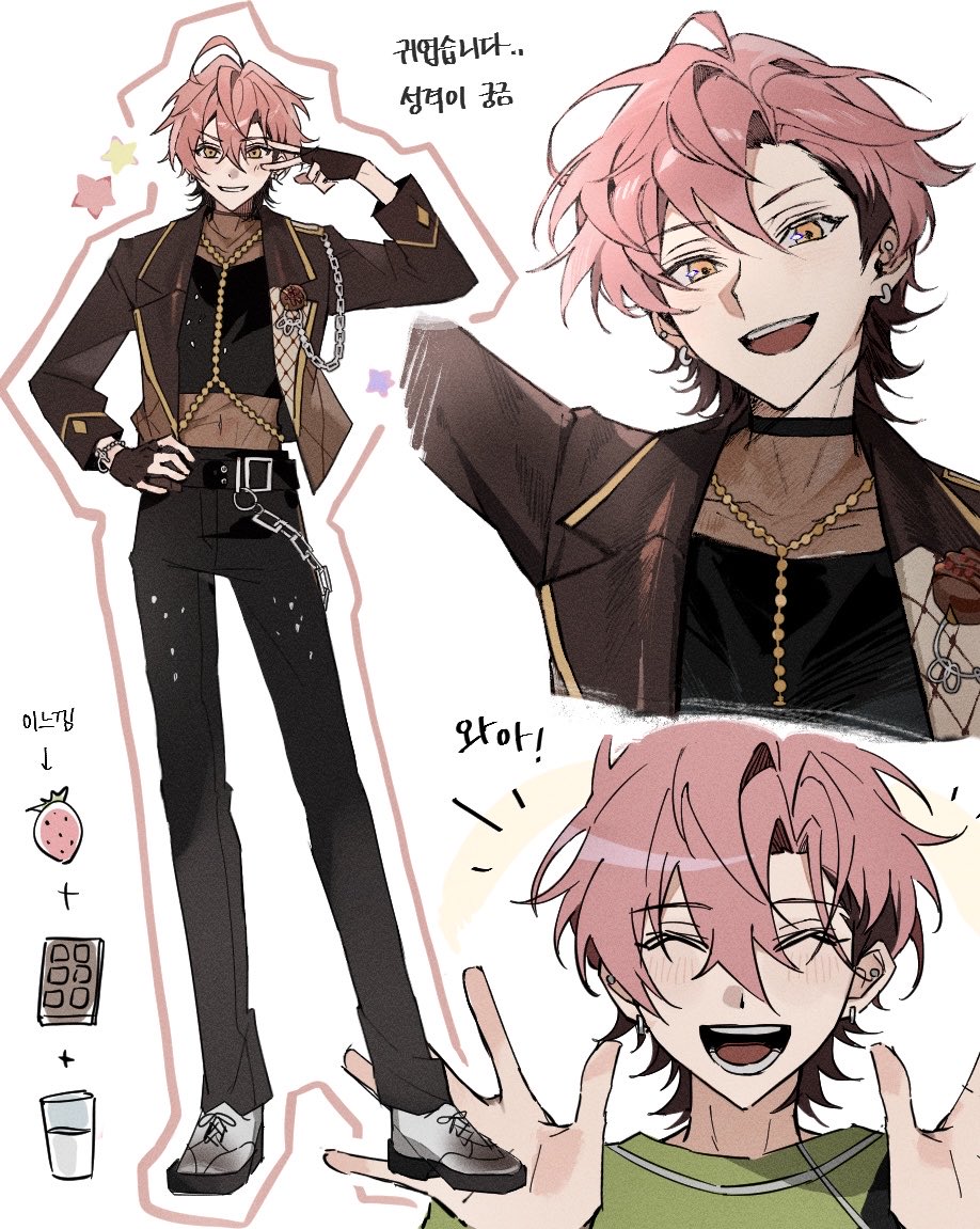 ensemble stars!, translation request, 1boy, black gloves, black pants, blazer, chain, chocolate, clenched teeth, closed eyes, ear piercing, earrings, facing viewer, fingerless gloves, food, fruit, full body, glass, gloves, hair between eyes, hand on own hip, hand up, hands up, jacket, jewelry, korean text, kuon mashu, lapels, looking at viewer, male focus, meohaji, milk, multiple views, notched lapels, open clothes, open jacket, open mouth, outstretched hand, pants, piercing, pink eyes, pink hair, short hair, smile, standing, star (symbol), strawberry, teeth, upper teeth only, v, white background