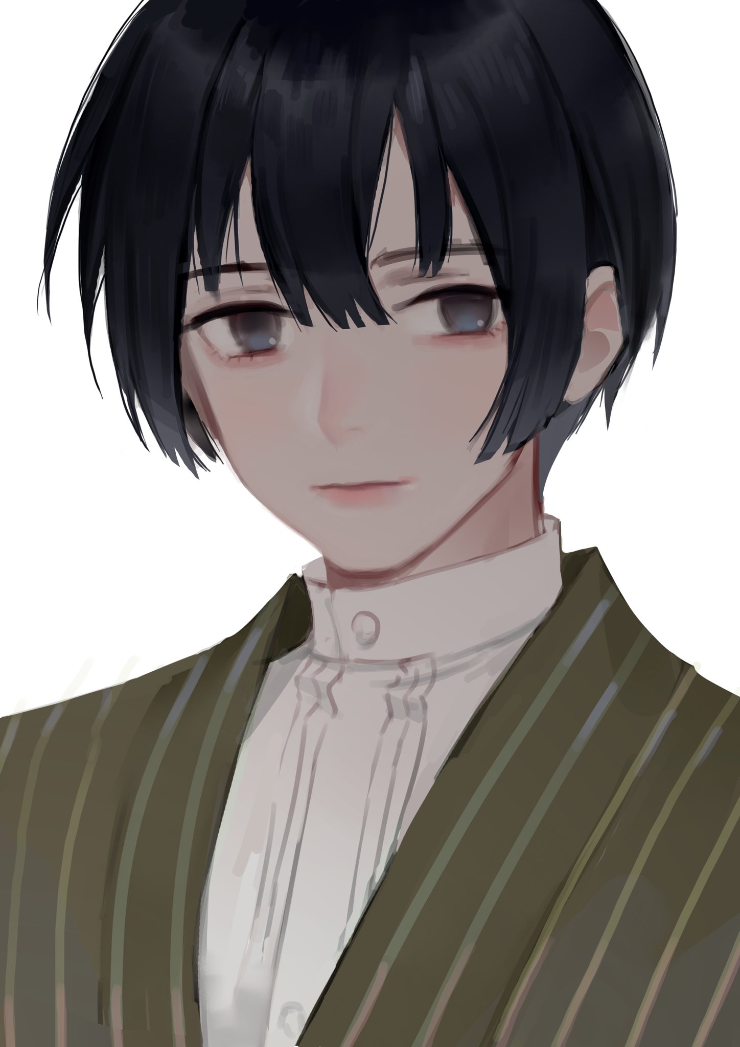 huacai, japan (hetalia), axis powers hetalia, highres, 1boy, black eyes, black hair, buttons, closed mouth, empty eyes, green jacket, hair between eyes, jacket, lips, looking at viewer, male focus, shirt, short hair, simple background, smile, solo, striped clothes, striped jacket, upper body, white background, white shirt