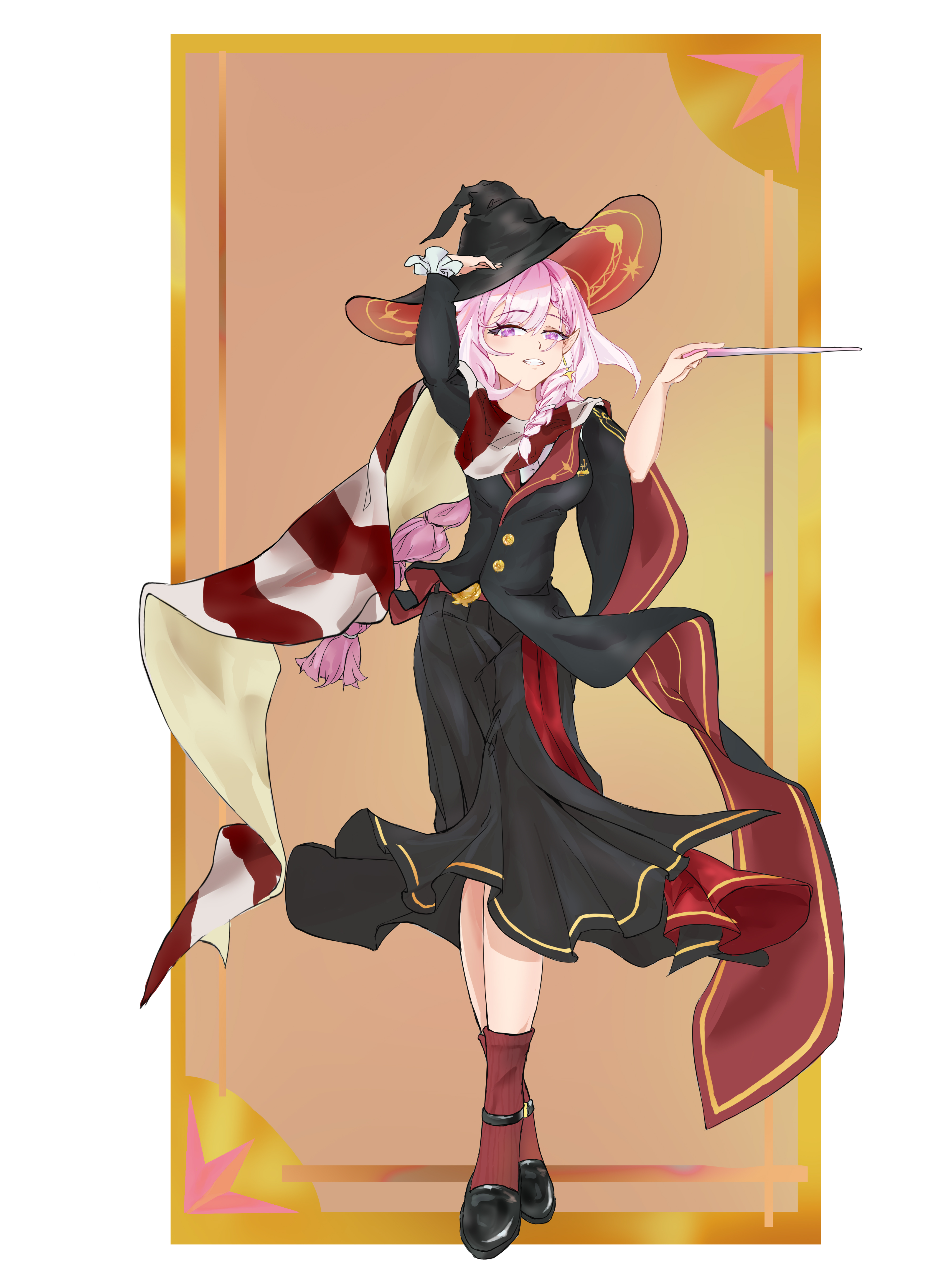 elysia (hi love elf) (honkai impact), elysia (honkai impact), honkai (series), honkai impact 3rd, absurdres, chinese commentary, commentary request, highres, 1girl, black dress, black shoes, breasts, diamond-shaped pupils, diamond (shape), dress, elf, halloween, halloween costume, hat, holding, holding wand, long hair, mani, medium breasts, multicolored hair, pink hair, pointy ears, purple eyes, red socks, scarf, shoes, socks, solo, striped clothes, striped scarf, symbol-shaped pupils, two-tone hair, very long hair, wand, white hair, witch hat