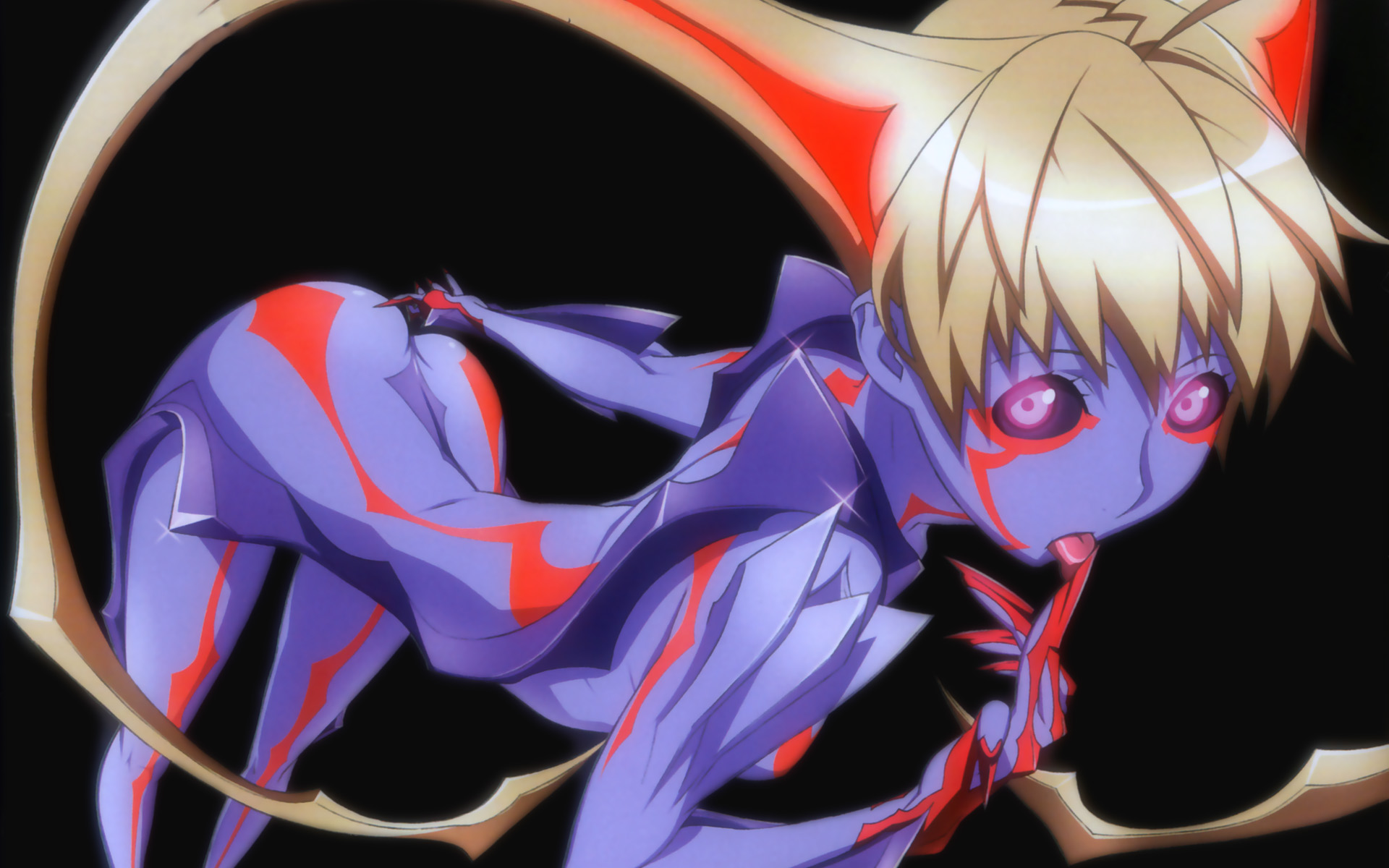 uno makoto, maria (witchblade), witchblade, blade, highres, official art, scan, 00s, 1girl, ass, black sclera, blonde hair, blue skin, butt crack, claws, colored sclera, colored skin, female focus, purple skin, red eyes, solo, tongue, tongue out