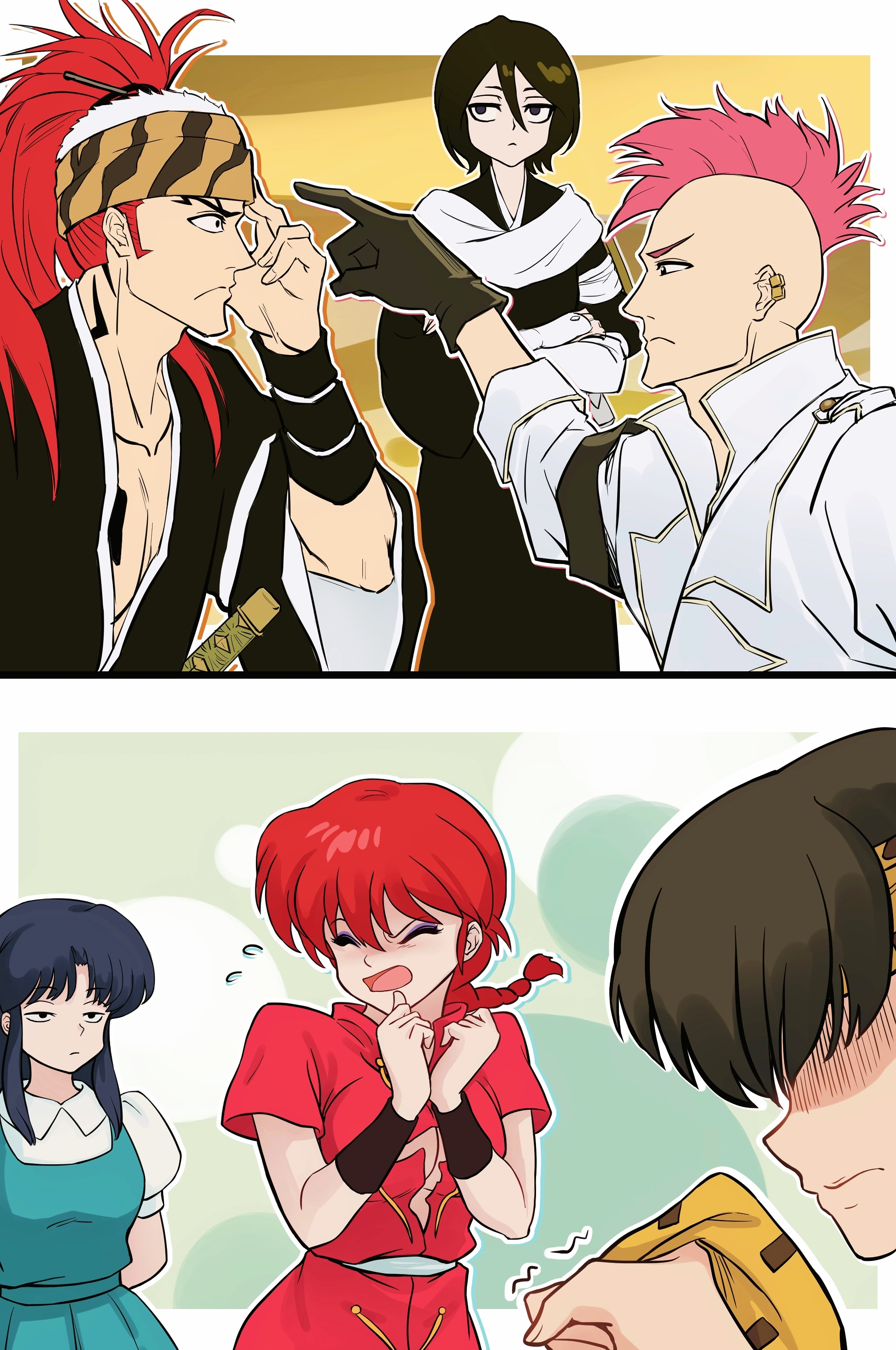 antatica11, abarai renji, bazz-b, hibiki ryouga, kuchiki rukia, ranma-chan, tendou akane, bleach, bleach: sennen kessen-hen, ranma 1/2, absurdres, chinese commentary, commentary request, highres, 3boys, 3girls, :<, aqua dress, arms behind back, black gloves, black hair, breasts, chinese clothes, crossed arms, dress, ear piercing, eyeliner, frown, gloves, hair between eyes, headband, high ponytail, japanese clothes, large breasts, makeup, multiple boys, multiple girls, piercing, pointing, ponytail, puffy short sleeves, puffy sleeves, purple eyeliner, red hair, scarf, shaded face, shihakusho, short hair, short sleeves, torn clothes, underboob, white scarf