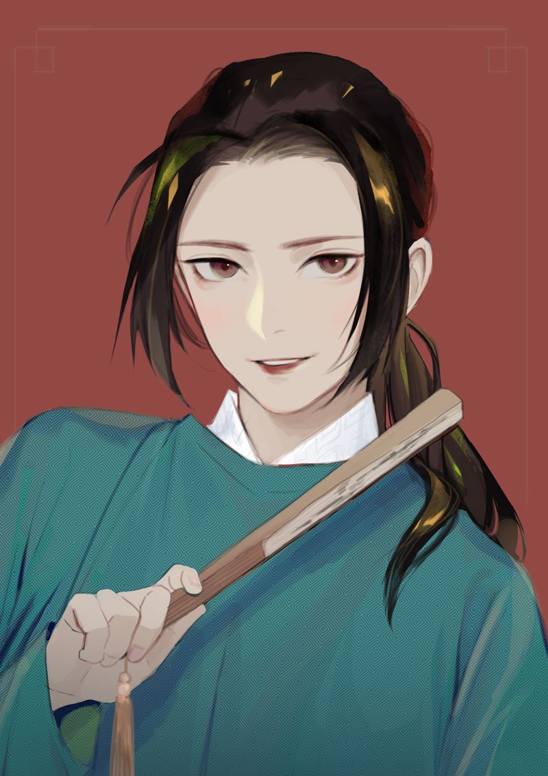 huacai, china (hetalia), axis powers hetalia, commentary request, 1boy, black hair, blue hanfu, brown eyes, chinese clothes, fingernails, hand fan, hand up, hanfu, holding, holding fan, long hair, long sleeves, looking at viewer, low ponytail, male focus, ponytail, red background, red lips, sidelocks, simple background, smile, solo, tassel, teeth, upper body, wide sleeves