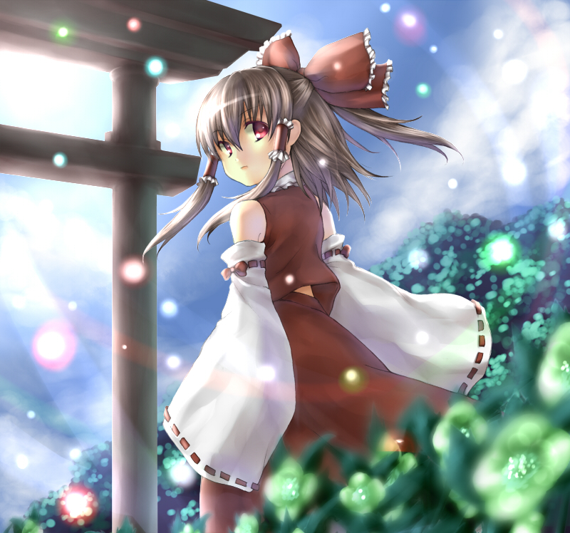 takemori shintarou, hakurei reimu, touhou, bad id, bad pixiv id, 1girl, bow, brown hair, detached sleeves, female focus, hair bow, japanese clothes, looking back, miko, nature, outdoors, plant, red eyes, skirt, sky, solo, torii