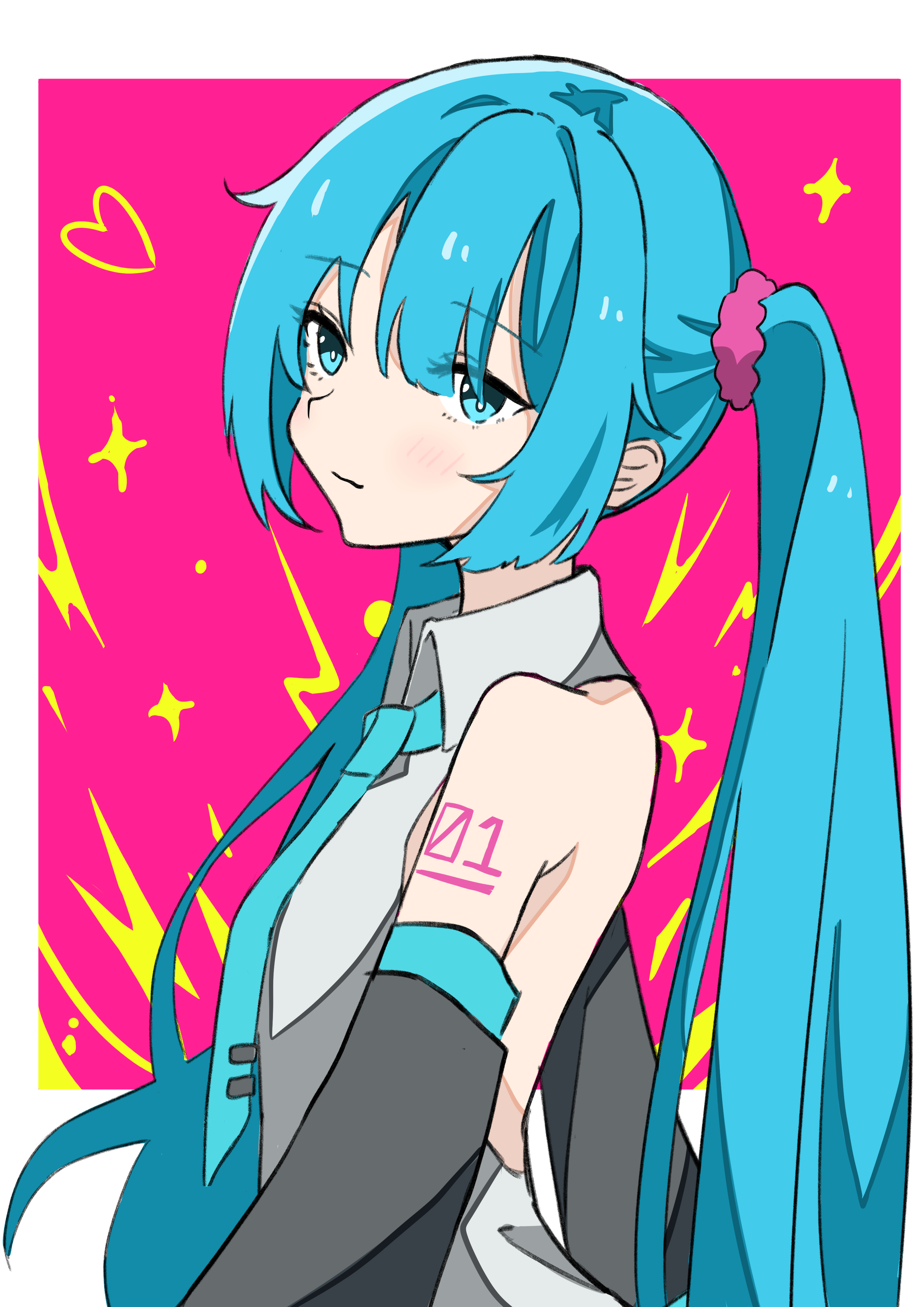 auhuheben17, hatsune miku, vocaloid, absurdres, highres, 1girl, 39, aqua eyes, aqua hair, aqua necktie, border, detached sleeves, grey shirt, hair ornament, long hair, necktie, number tattoo, pink background, shirt, sleeveless, sleeveless shirt, tattoo, twintails, upper body, white border