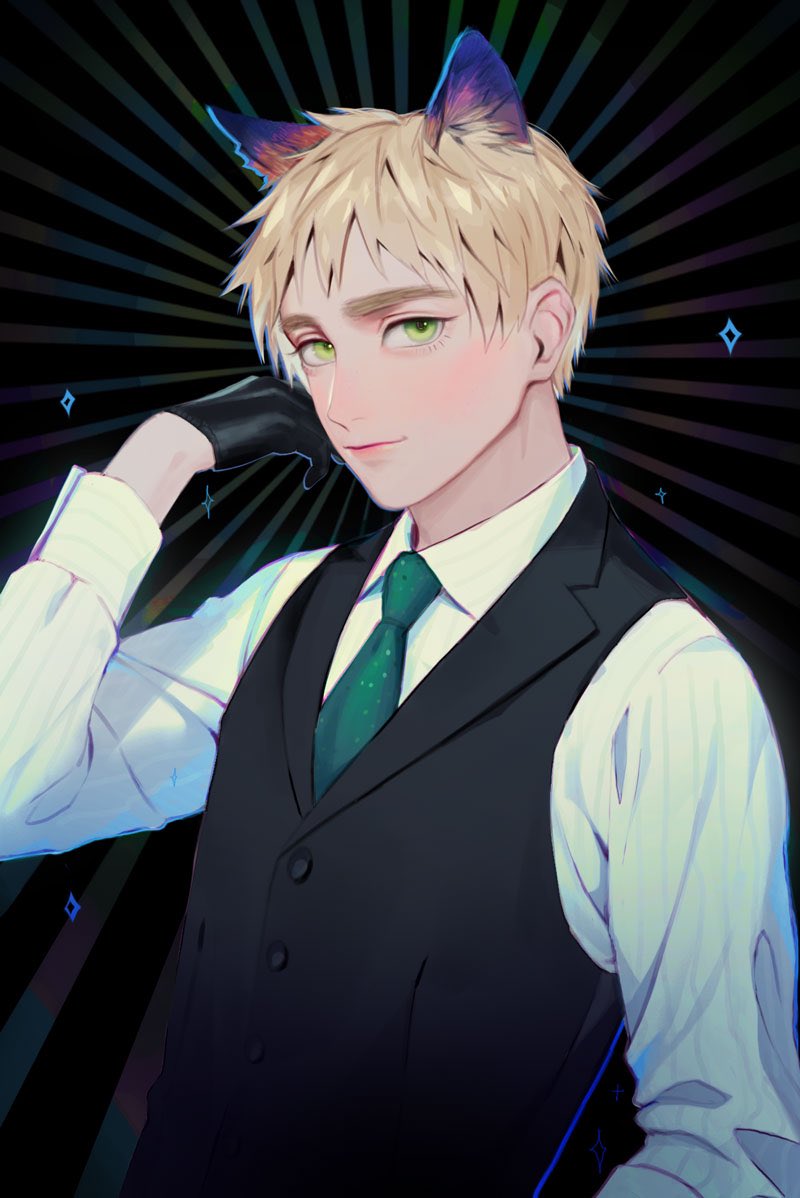 huacai, united kingdom (hetalia), axis powers hetalia, commentary request, 1boy, animal ears, black background, black gloves, black vest, blonde hair, blush, buttons, cat ears, closed mouth, collared shirt, gloves, green eyes, green necktie, hand up, kemonomimi mode, lapels, lips, long sleeves, looking at viewer, male focus, necktie, puffy long sleeves, puffy sleeves, shirt, short hair, smile, solo, sparkle background, striped background, vest, white shirt
