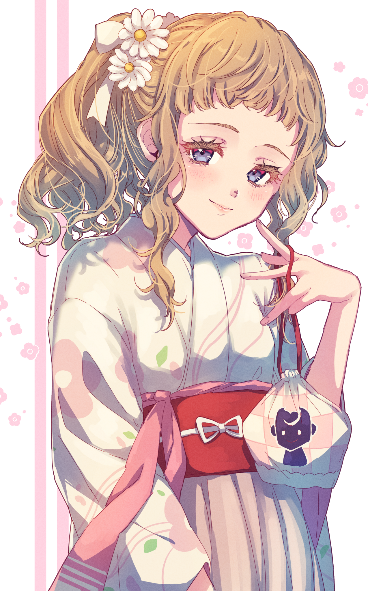 24mbb, kukrushka (gnosia), gnosia, highres, 1girl, alternate costume, dress, eyelashes, hair between eyes, japanese clothes, kimono, long hair, long sleeves, looking at viewer, ponytail, simple background, smile, solo, upper body, wavy hair