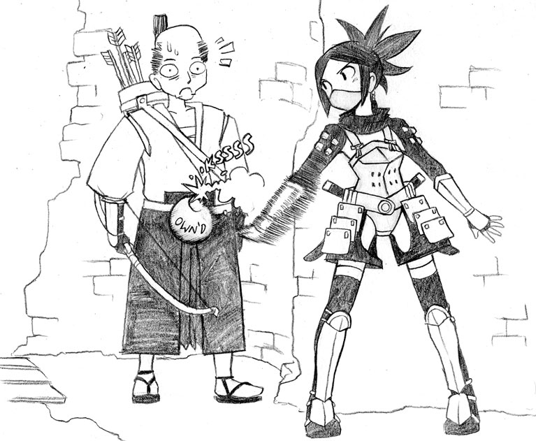 archer (fate), ayame (tenchuu), acquire, fate (series), fromsoftware, tenchu, tenchuu, armor, bomb, bow (weapon), explosive, half mask, mask, monochrome, ninja, quiver, samurai, surprised, weapon, wide-eyed