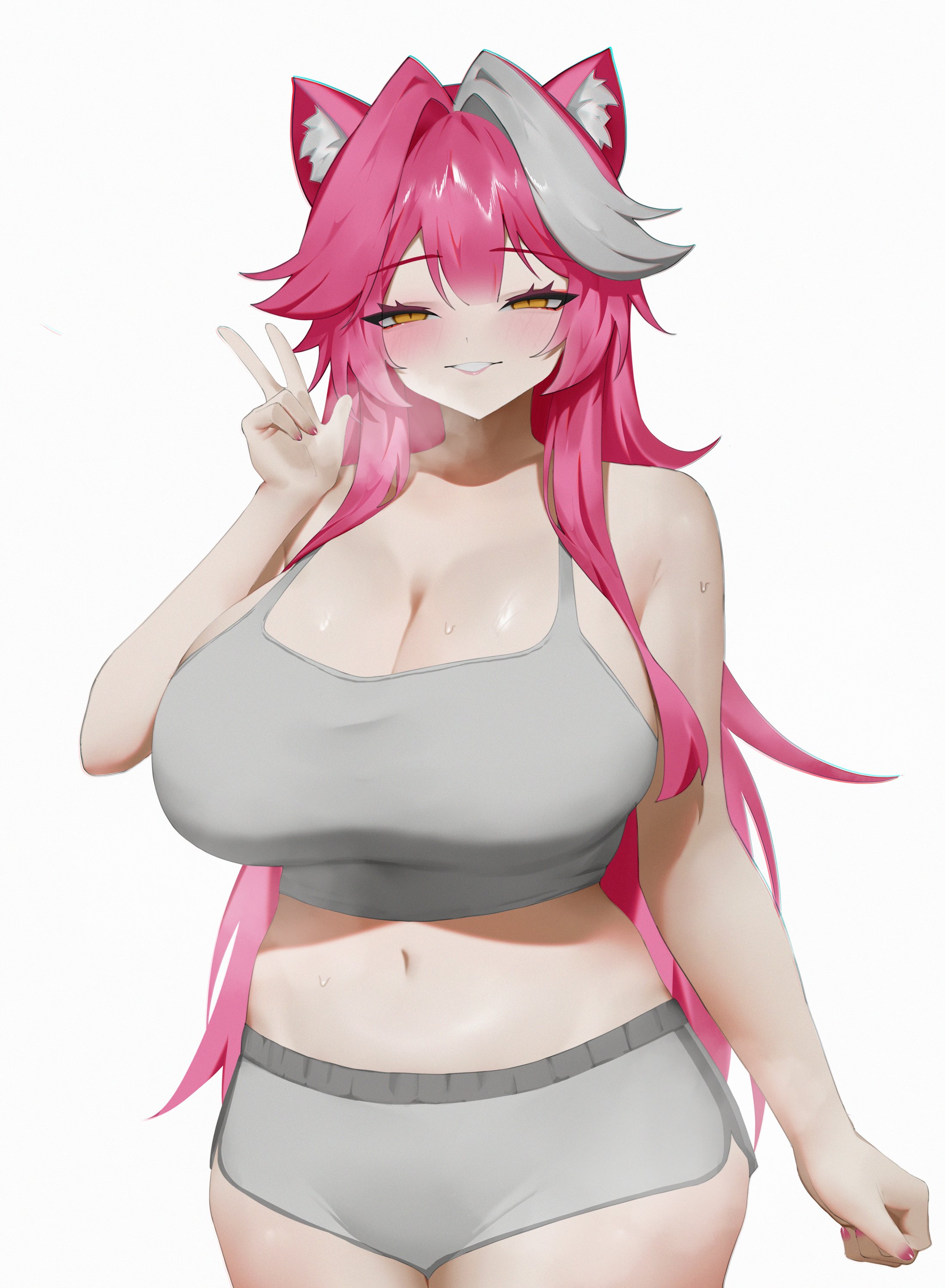 rieko (kuusairieko), raora panthera, hololive, hololive english, absurdres, commentary, english commentary, highres, 1girl, animal ears, blush, breasts, cleavage, fingernails, grey shorts, grey sports bra, heavy breathing, huge breasts, long hair, looking at viewer, multicolored hair, nail polish, navel, panther ears, panther girl, pink hair, pink nails, shorts, simple background, smile, solo, sports bra, stomach, streaked hair, sweat, virtual youtuber, w, white background, yellow eyes