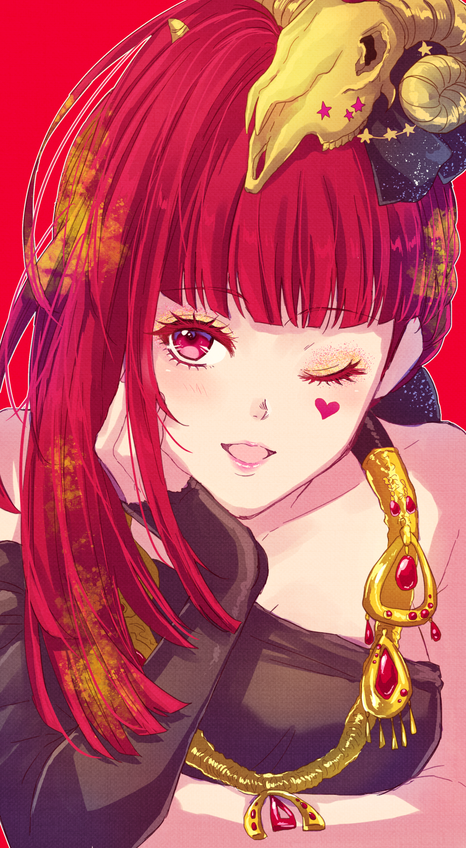 24mbb, sq (gnosia), gnosia, highres, 1girl, alternate costume, blunt bangs, earrings, heart, heart earrings, heart tattoo, high ponytail, jewelry, long hair, looking at viewer, ponytail, red eyes, red hair, simple background, smile, solo, tattoo, upper body