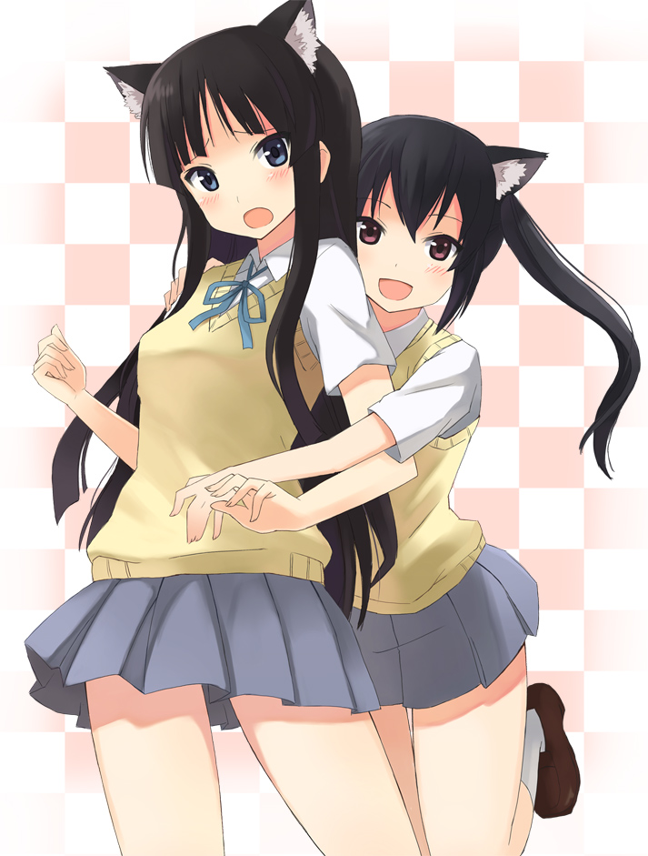 nishikawa ari, akiyama mio, nakano azusa, k-on!, 00s, 2girls, animal ears, black hair, blue eyes, brown eyes, cat ears, hug, long hair, multiple girls, school uniform, sweater vest, twintails